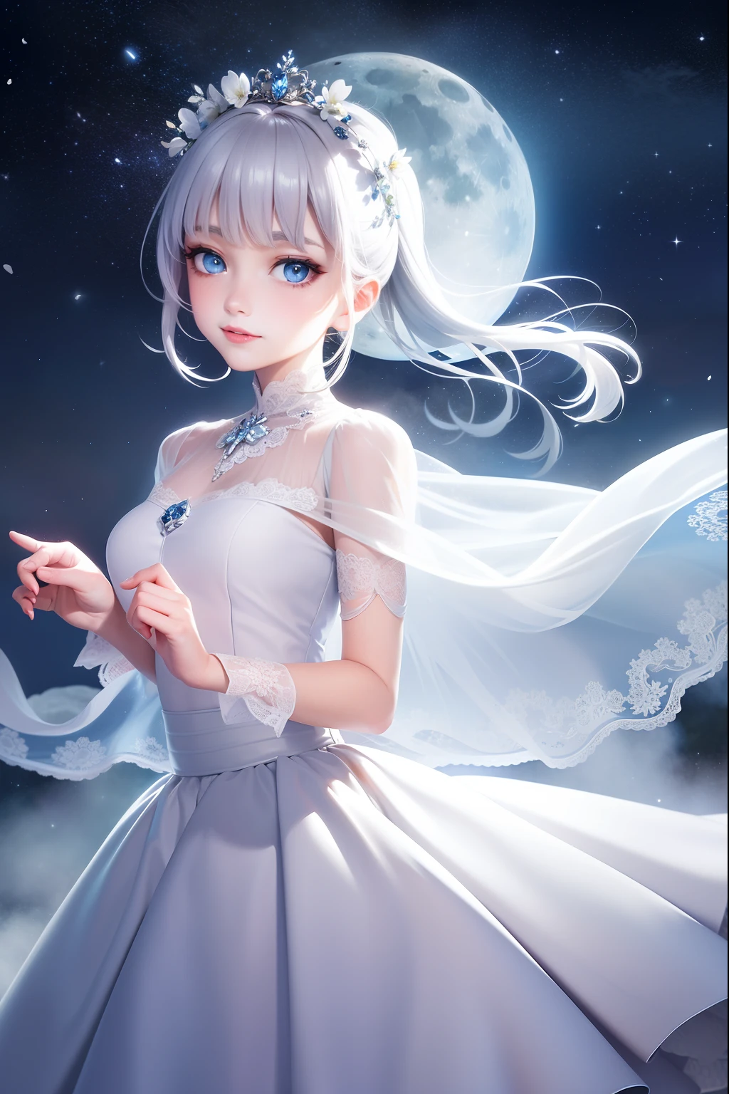 Masterpiece, (Best Quality: 1.2), (Super Fine: 1.2), Illustration, (Extremely Delicate and Beautiful: 1.2), Film Angle, Floating, (Beautiful Detail Eye: 1.1), (Detail Light: 1.1), Film Lights, Delicate Sky, Woman, White Hair, Blue Eyes, (High Ponytail: 1.1), Cloak, Glowing Eyes, (Moon: 1.2), (Moonlight: 1.1), Starry Sky, (Light Particles: 1.1), Fog , snow painting, sketching, blooming