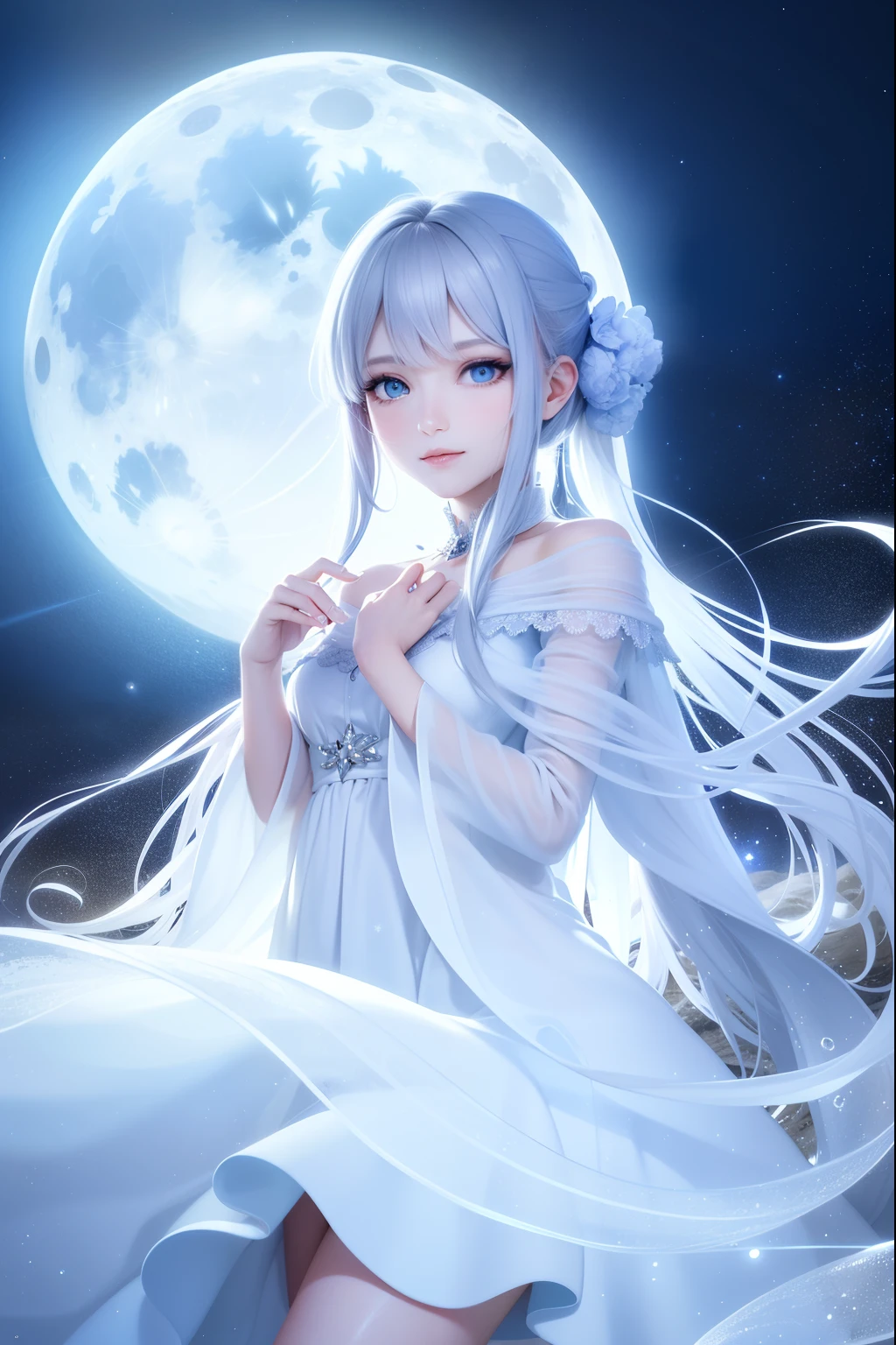 Masterpiece, (Best Quality: 1.2), (Super Fine: 1.2), Illustration, (Extremely Delicate and Beautiful: 1.2), Film Angle, Floating, (Beautiful Detail Eye: 1.1), (Detail Light: 1.1), Film Lights, Delicate Sky, Woman, White Hair, Blue Eyes, (High Ponytail: 1.1), Cloak, Glowing Eyes, (Moon: 1.2), (Moonlight: 1.1), Starry Sky, (Light Particles: 1.1), Fog , snow painting, sketching, blooming