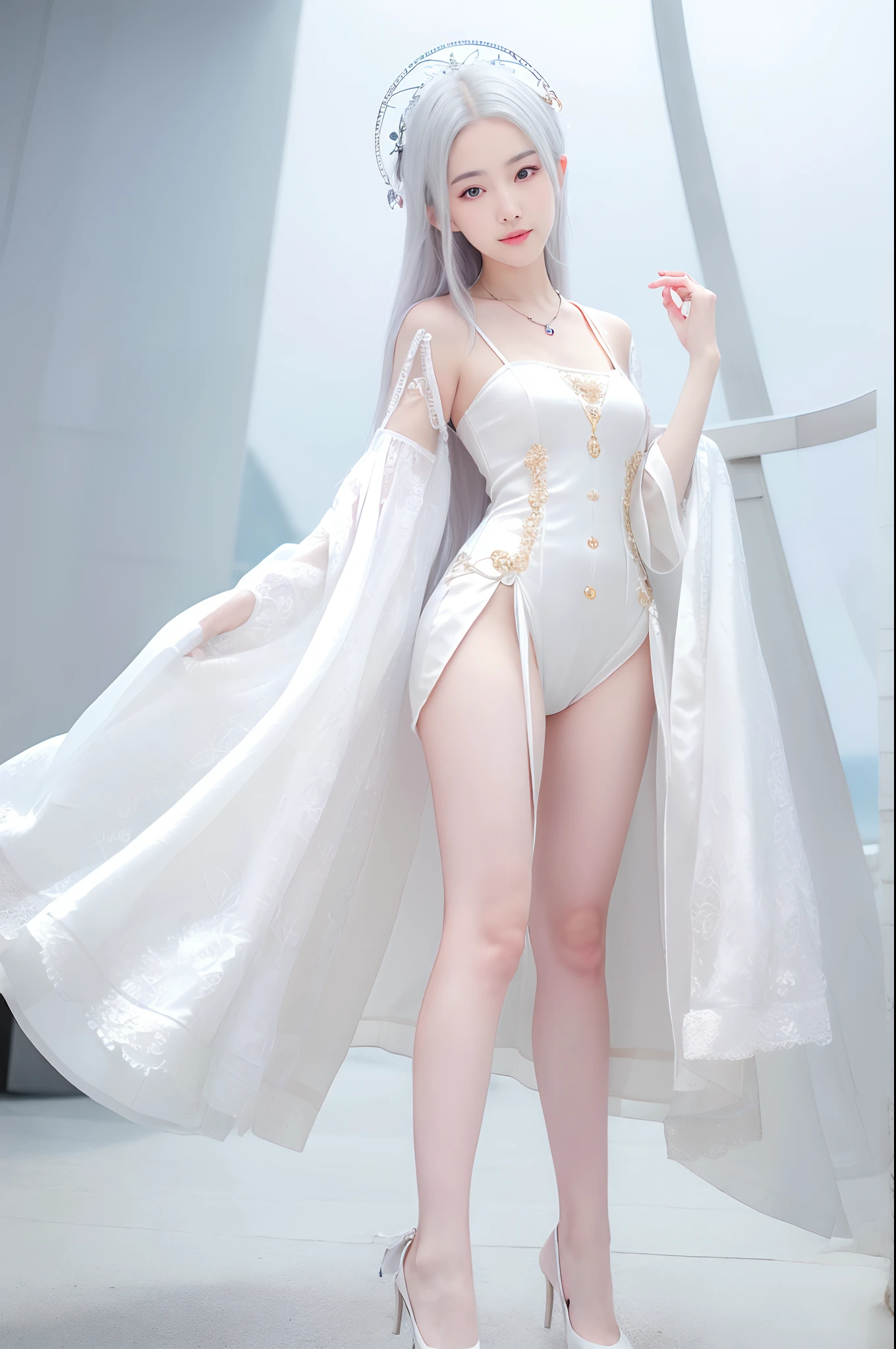 (Best Quality, High Resolution, Masterpiece: 1.3), A Tall and Beautiful Girl, A , Slender Legs, Stand Position, Posing, Small White Shoes, Slender Abs, Silver-White Hair in Loose Wave Styling, Full Body, Ultra Wide Angle, Wrist Ornament, Breasts, Wearing Pendants,, Smile, Glamorous,(Black Maid Outfit), (Modern Architecture in the Background), Fair Skin, Beautifully Presented Details in Face and Skin Texture, Detailed Eyes, Double Eyelids