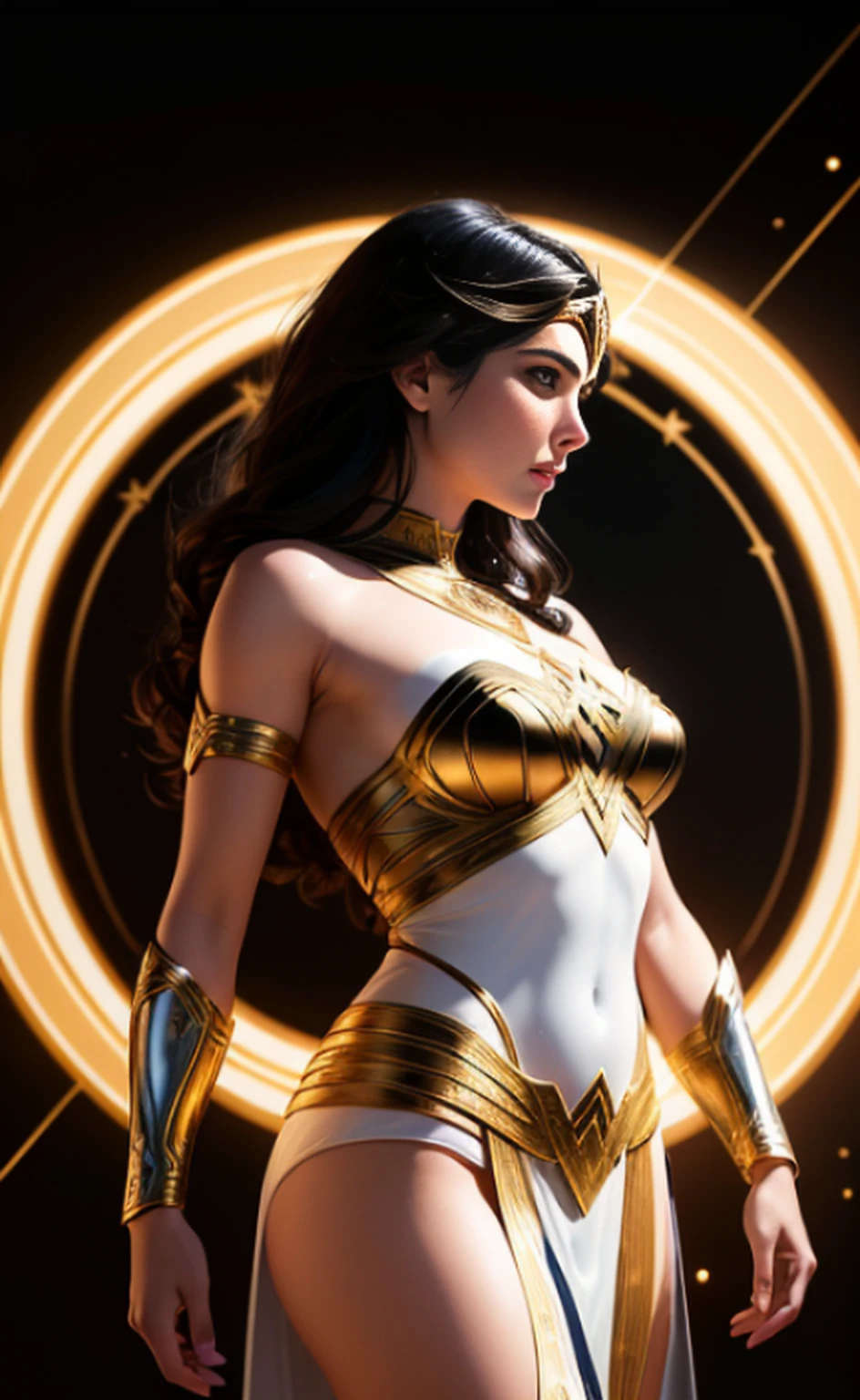 A ilustration of a greek goddes Wonder Woman, shot, centered, gold black color gel lighting, geometric shadows, glowing lights, symmetry, depth of field, intricate, elegant, highly detailed, digital painting, artstation, concept art, silver and white futuristic costume, smooth, sharp focus, illustration, as imagined by Greg Rutkowski and Borris vallejo.