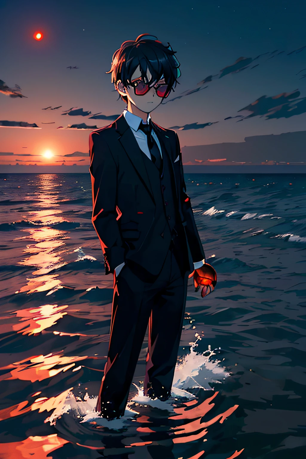 Dynamic pose, dynamic angle,from afar,((night)), beach, calm water without waves,boy at the water's edge,boy looking out to sea,arms outstretched towards the sea,messy spiky white hair, light blue eyes, purplish black suit, no tie, purplish black shirt, purplish black dress pants, rounded sunglasses,(dark red sphere over water on horizon:1.5),((motion trail in water by sphere)),