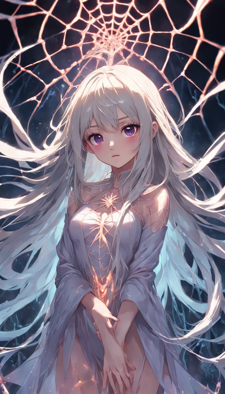 teens girl,Spider spirit,(spiderwebs),(Beautiful feet), (Beautiful fingers),long whitr hair,glowing light eyes,glowing hairs, (Ultra-detailed hand close-up), ((Detailed close-up of the face)), (Light silk), (Glazed tulle),(Subtle warm light), (Extremely colorful), Movie special effects, Old building, (Huge spiders),Freehand masterpiece, ultra - detailed, Epic composition, high qulity, HighestQuali, 4K