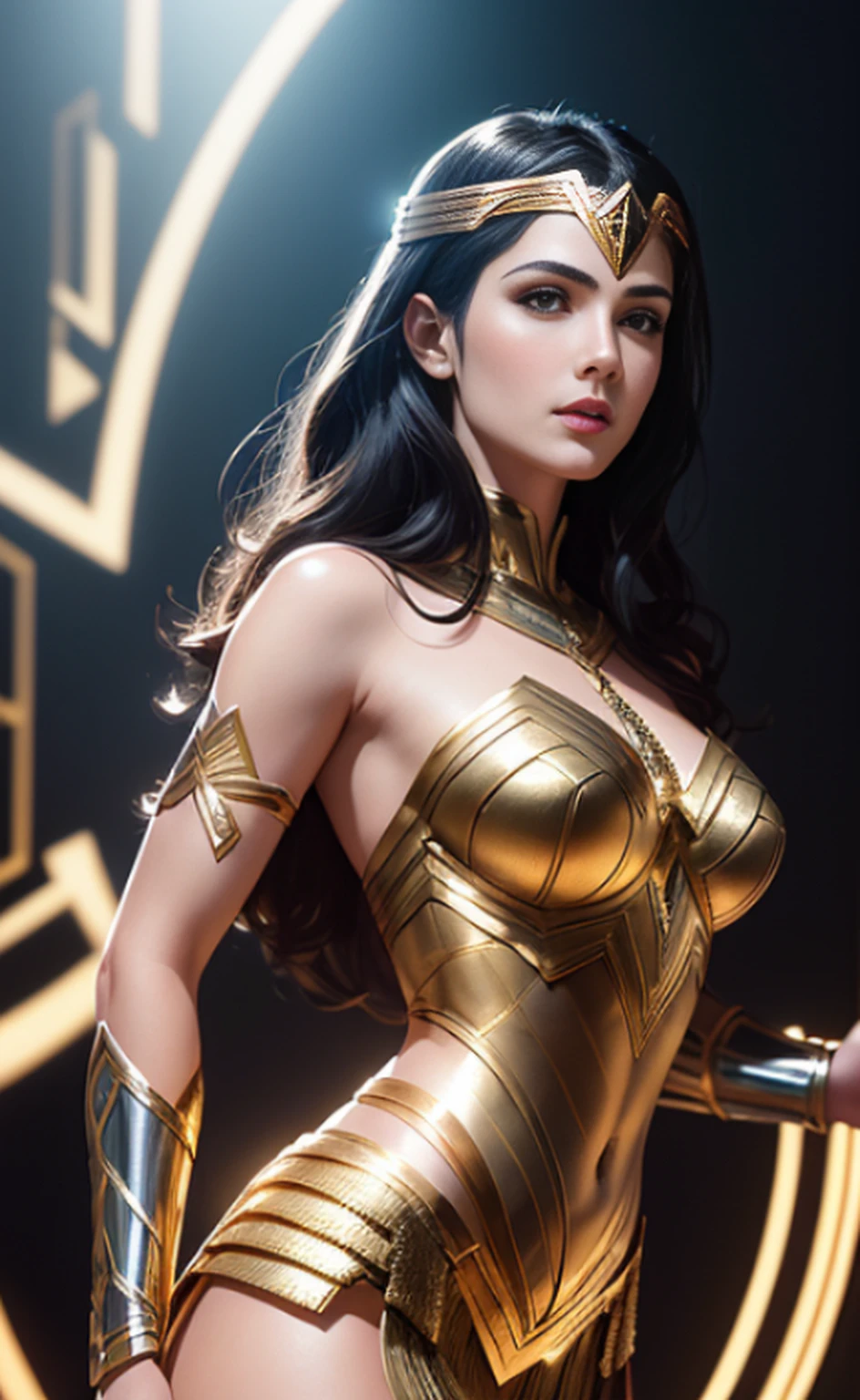 (Highest quality,4K,High resolution:1.2),Very detailed,(Realistic:1.37),Beautifully structured scenes,Dramatic lighting, Wonder Woman from a close-up shot in DC, Twisted space, twisted undead in the background,lens blur,Light Shaft, intricate and complex details, Volumetric lighting, 4K Rendering, Stock Photo, hyperRealistic texture, HDR lighting effects, Unreal Engine,SHY SMILE,Standing gracefully、Blonde long hair、Long hair that reaches down to the toes、((Removing the bulletproof guard from the hand、Removing the bulletproof guard from the left hand with the right hand:1.3))、((Undressing、Removing the hand attachment:1.3))))、((Take off whole body、Starts taking off costume、Embarrassed to take off:1.5))((Topless、Half naked、Hands holding chest:1.5))((Looks at me shyly:1.2))