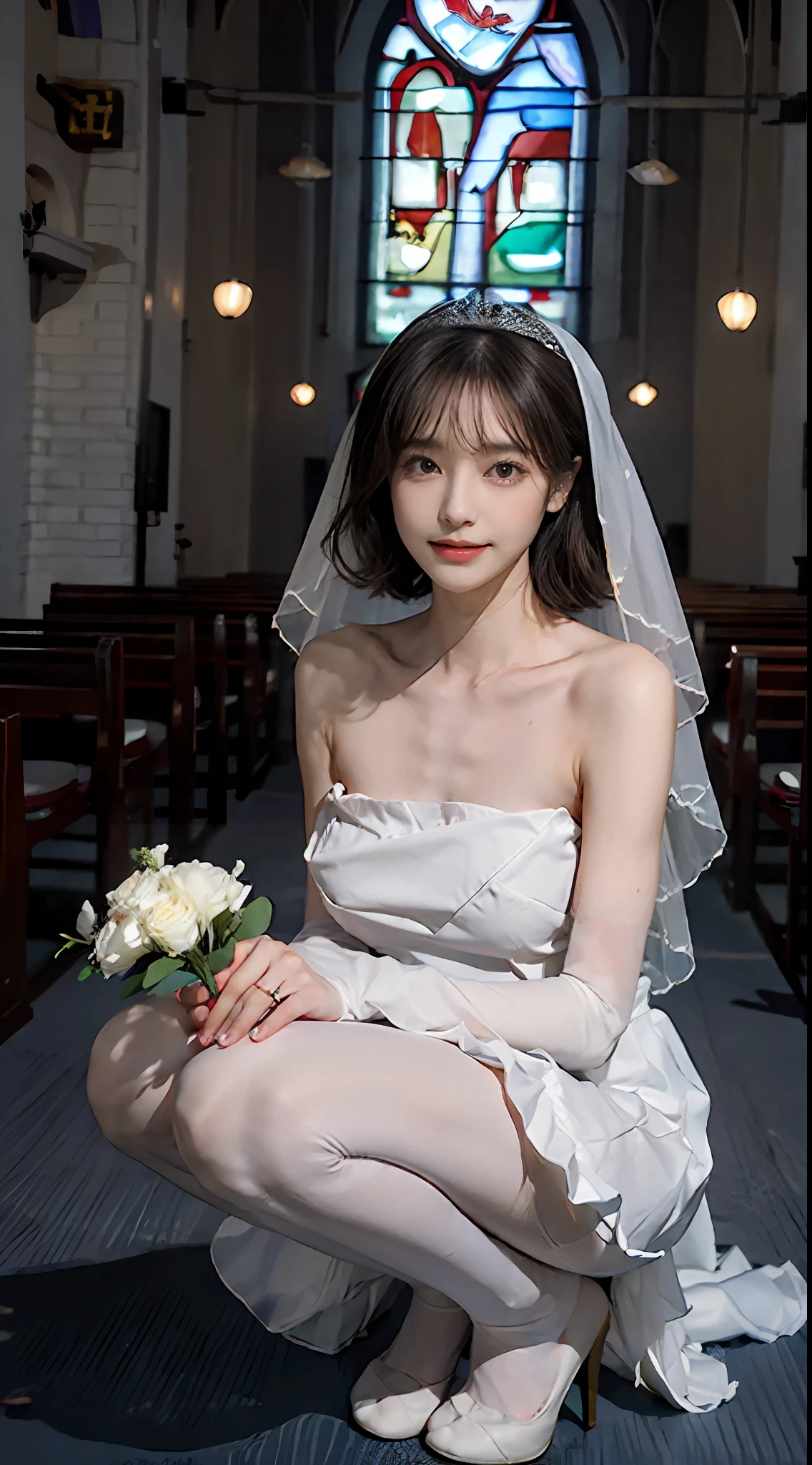 (hight resolution、hightquality、hightquality、High-resolution face drawing、Single Female、独奏))、((very Bigger breasts:1.3))、cleavage of the breast,Perfect Angle、Professional quality、perfect contrast、Perfect litthing、perfect-composition、perfect Waifu、flawless skin、perfect hand、Perfect fingers、perfect chest、perfect hair、face perfect、A masterpiece with realistic facial features、long neck、Protruding ears、Princess Cut、a short bob、Clean teeth、(legs are long,、二重まぶた,The eye、It's a bit wide、Quite an adult supermodel)、Bangs are a beautiful short bob cut、short beautiful hair with bangs,,,,,,、long neck、a small face、Beautiful collarbone、Light reflected in the eyes、face perfect、Perfect body、Perfect fingers、perfect arms、perfect hand、Symmetrical and very beautiful face、Golden Ratio Beauty Face、looking straight at camera:1.4、perfect anatomia、27yo、adult appeal、cute little、spotless、A smile、Perfect Lovely Wife、A masterpiece of realistic facial features、lipgloss、long neck、Nice collarbone、Nice cleavage、Nice teeth、Fingers on cheeks、10 head body、Beautiful poses、Super Real 8K、thick thight、thin ankles、dense background、depth of fields、realisitic:1.3、longshot、((Pure white prom dresses with short skirts、wedding veil、Back Ribbon、Pagoda Sleep、train、Long Globe:1.7))、((Very thin white pantyhose: 1.7))、beauty legs、((Panties under pantyhose 1.7))、Foot size 22.5cm、thin and beautiful toes、((You are in front of the chapel:1.4)),Facing the viewer,White high heels、Holding the bouquet with both hands、Sexy Bride、((Squat: 1.8)), ((Legs: 1.8))