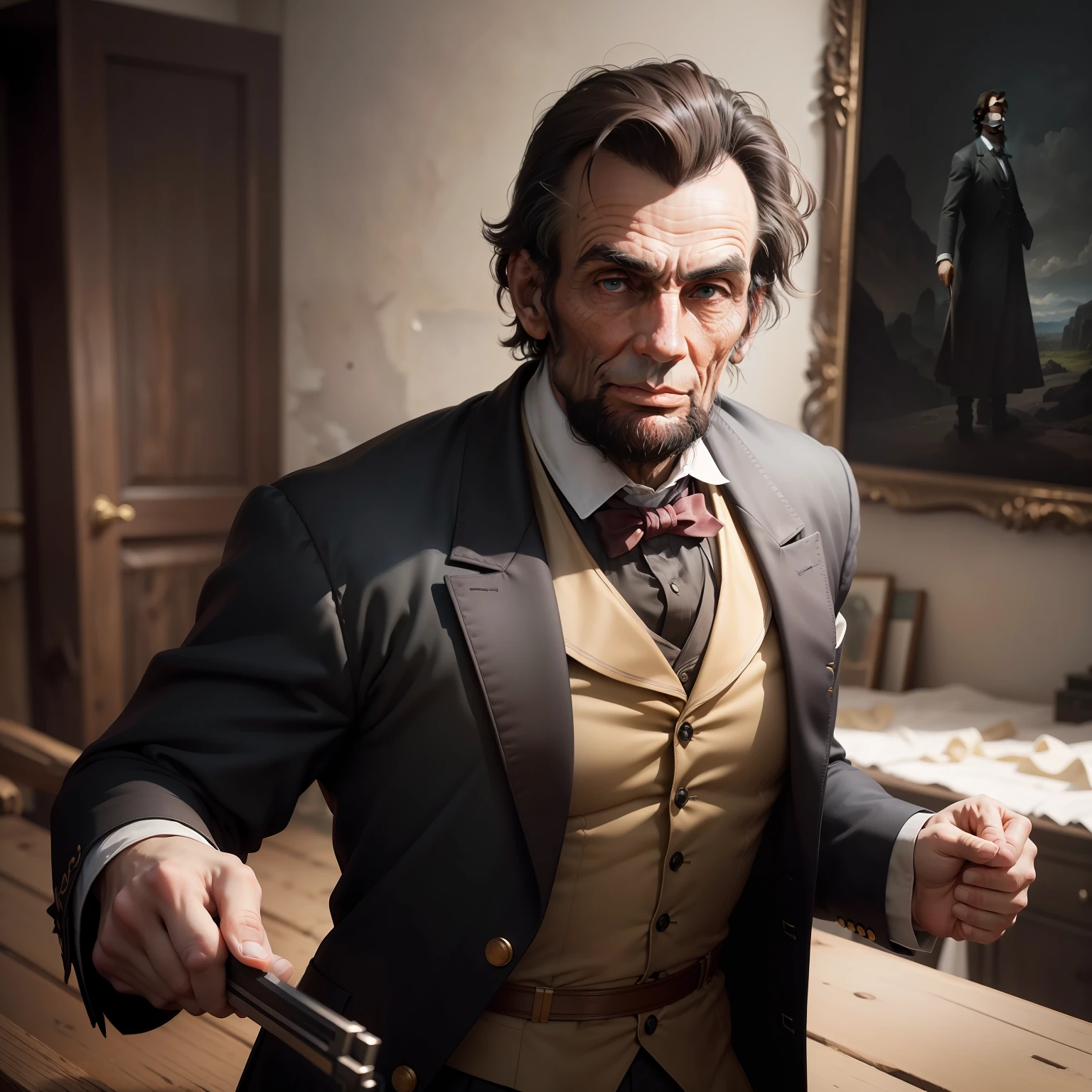 (8k, RAW photo, best quality, masterpiece:1.2), ultra detailed, official art, photo-realistic:1.37, upper body shot, Abraham Lincoln, film grain, action pose