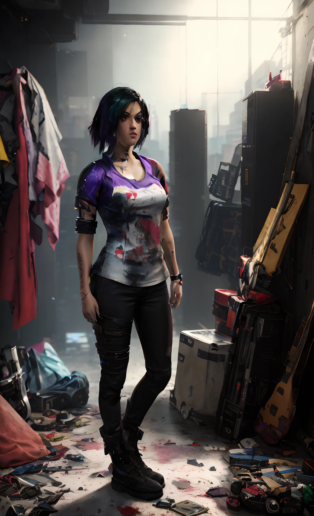 there is a woman standing in a messy room with a guitar, kate bishop, realistic clothing, realistically rendered clothing, jet black haired cyberpunk girl, cyberpunk art ultrarealistic 8k, mirrors edge art style, 3 d render character art 8 k, unreal engine character art, cyberpunk judy alvarez, mechanic punk outfit, stylized urban fantasy artwork, alita battle angel