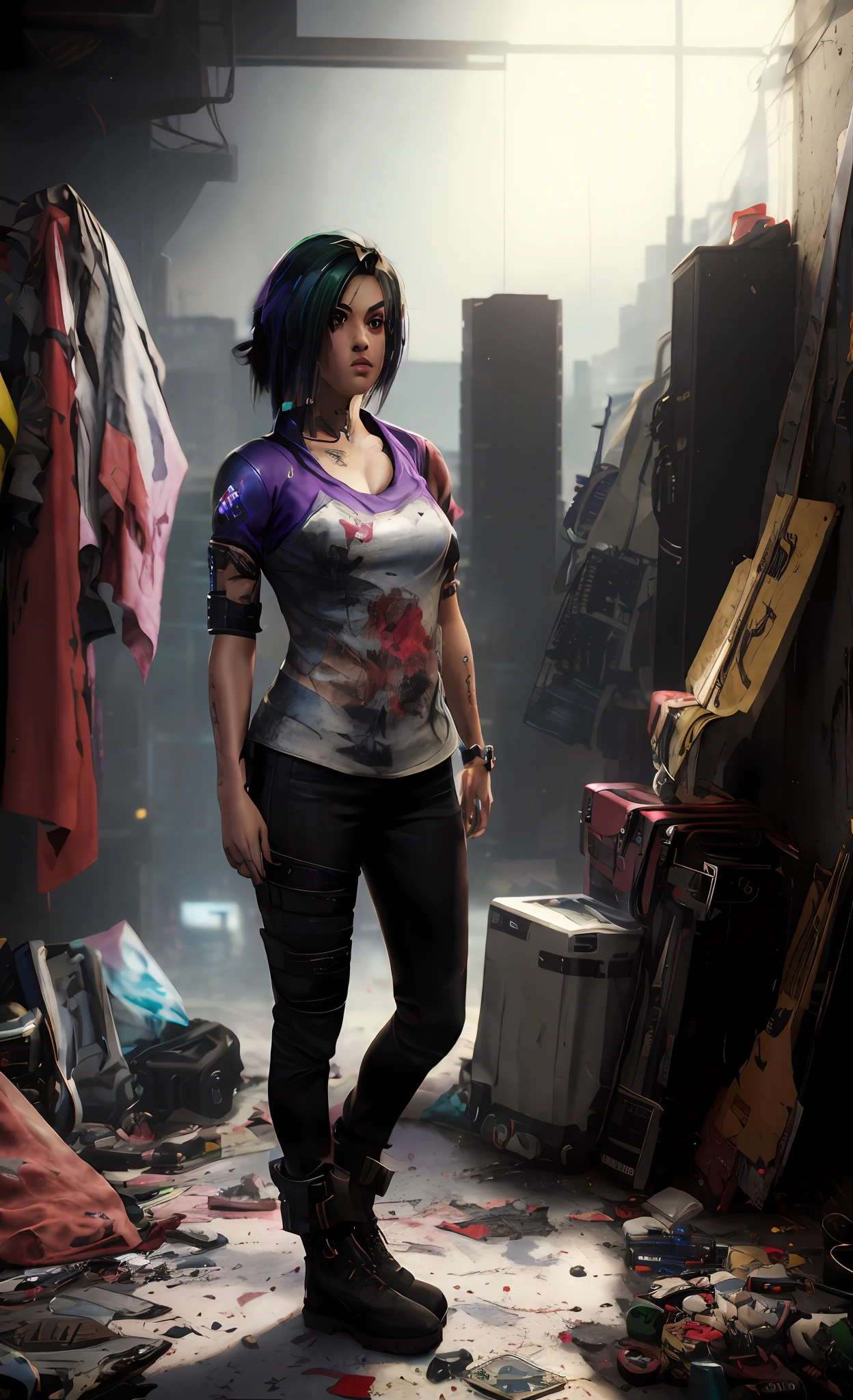 there is a woman standing in a messy room with a guitar, kate bishop, realistic clothing, realistically rendered clothing, jet black haired cyberpunk girl, cyberpunk art ultrarealistic 8k, mirrors edge art style, 3 d render character art 8 k, unreal engine character art, cyberpunk judy alvarez, mechanic punk outfit, stylized urban fantasy artwork, alita battle angel