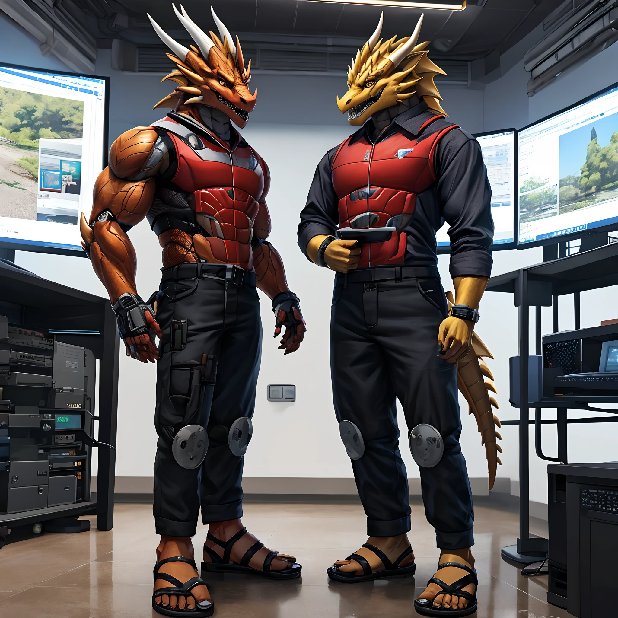 Mechanized golden dragon man,Wear a white skirt and sandals,Stand next to the computer to charge。high-definition image,Rich and realistic in detail,high qulity。extremaly detailed cg。