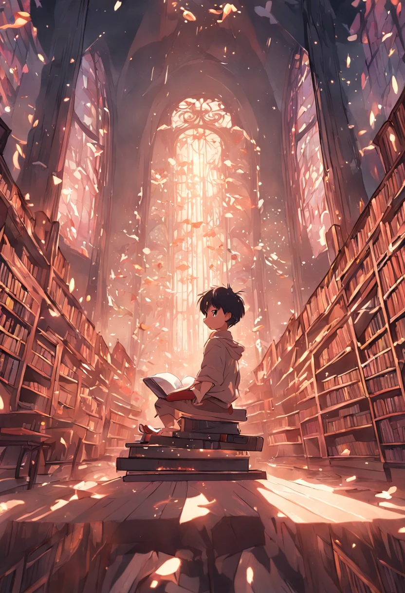 A little boy studying in the library