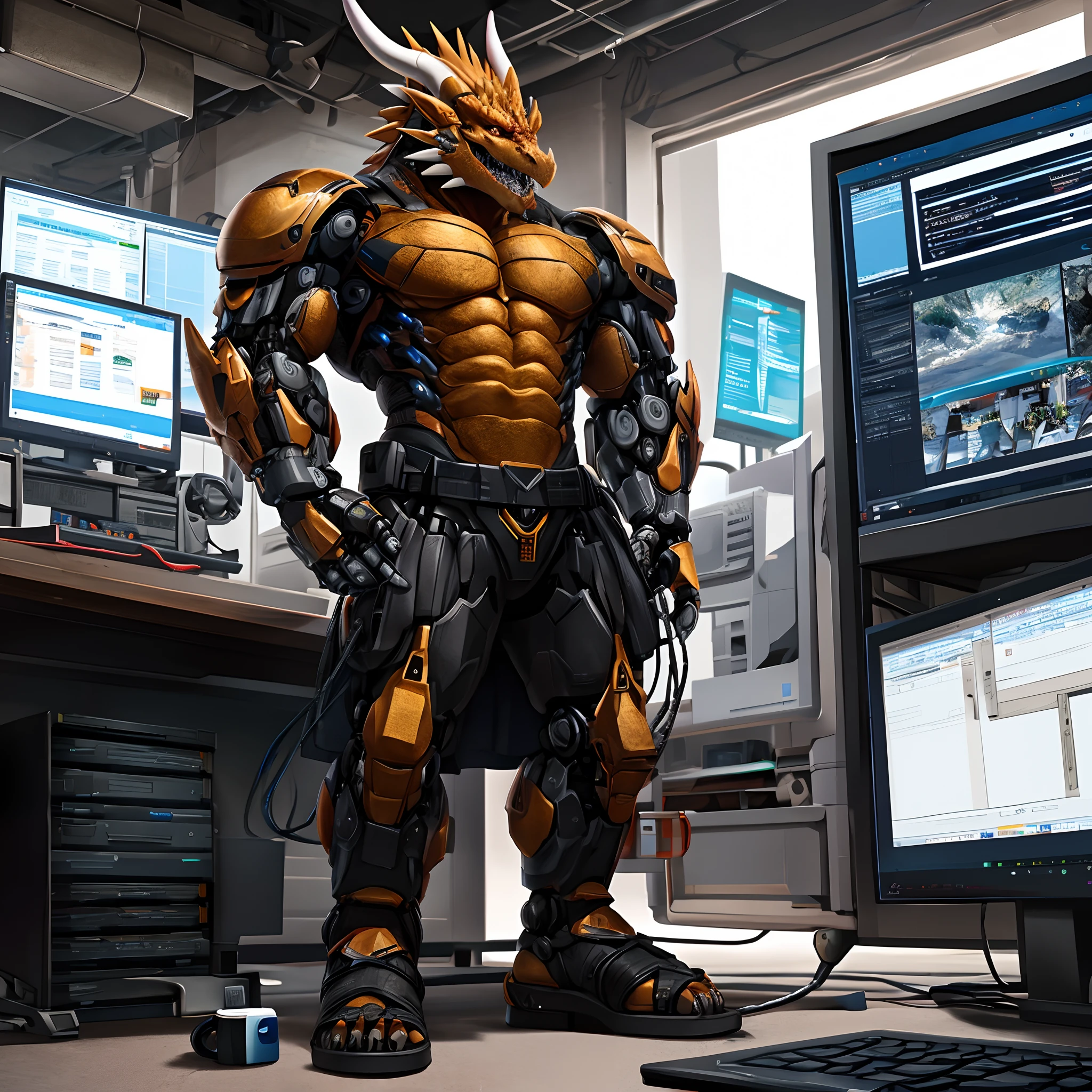 Mechanized golden dragon man,Wear a white skirt and sandals,Stand next to the computer to charge。high-definition image,Rich and realistic in detail,high qulity。extremaly detailed cg。