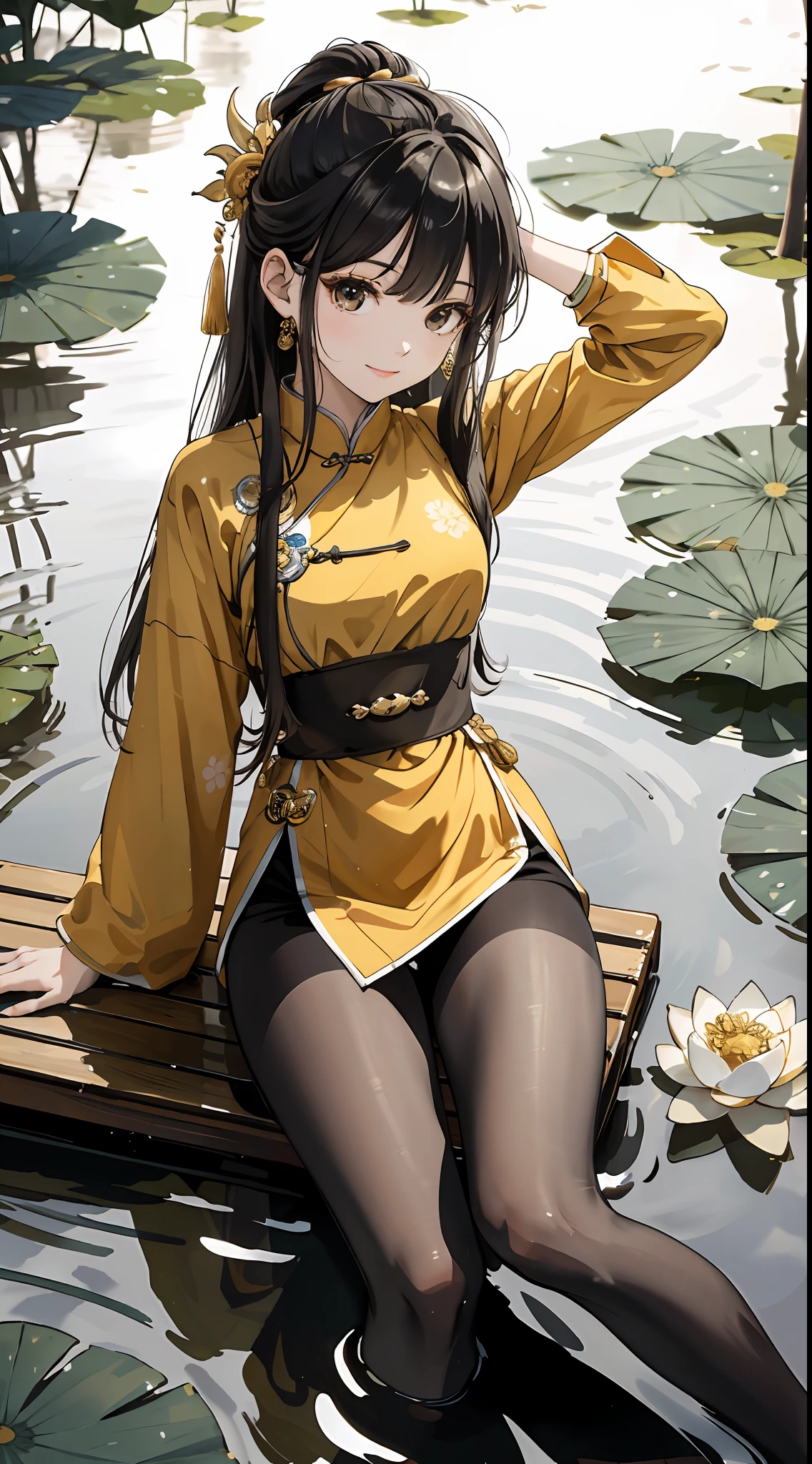 hoang lap,8K high resolution,ultra - detailed,(1girll:1.3),handpainted,Simple lines, wearing golden Chinese clothes and black pantyhose,beuaty girl,In the lotus pond,tmasterpiece,Sit on a plank floating in the water,Floating hair,looking toward the viewer,ssmile,posed for photo,Put your hands behind your head