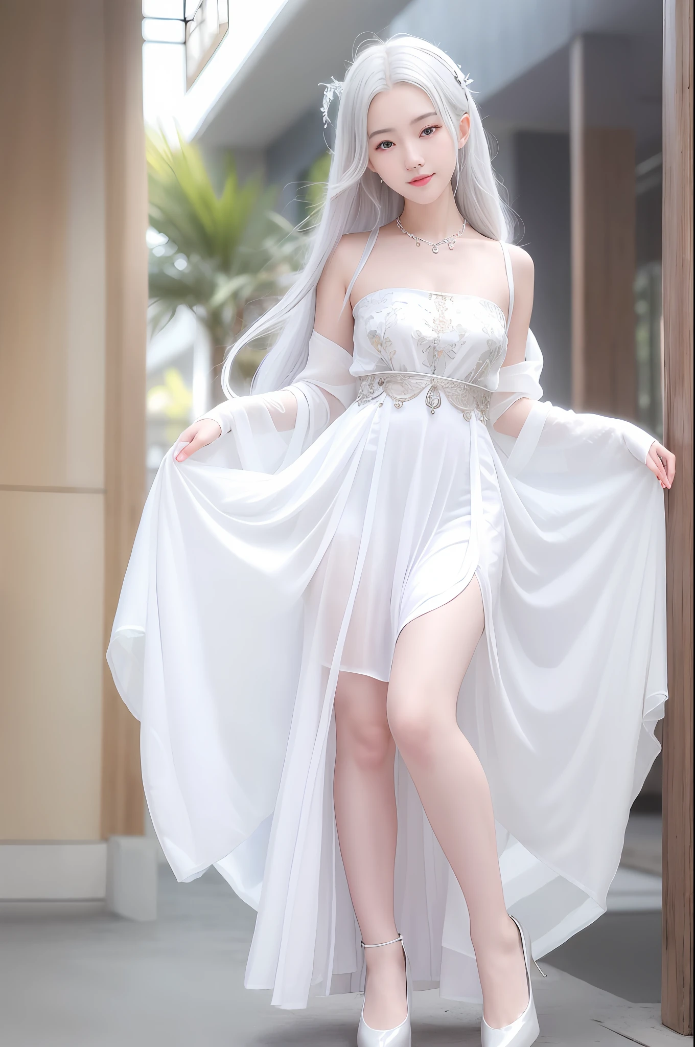 (Best Quality, High Resolution, Masterpiece: 1.3), A Tall and Beautiful Girl, A Loli, Slender Legs, Stand Position, Posing, Small White Shoes, Slender Abs, Silver-White Hair in Loose Wave Styling, Full Body, Ultra Wide Angle, Wrist Ornament, Breasts, Wearing Pendants,, Smile, Glamorous,(Black Maid Outfit), (Modern Architecture in the Background), Fair Skin, Beautifully Presented Details in Face and Skin Texture, Detailed Eyes, Double Eyelids