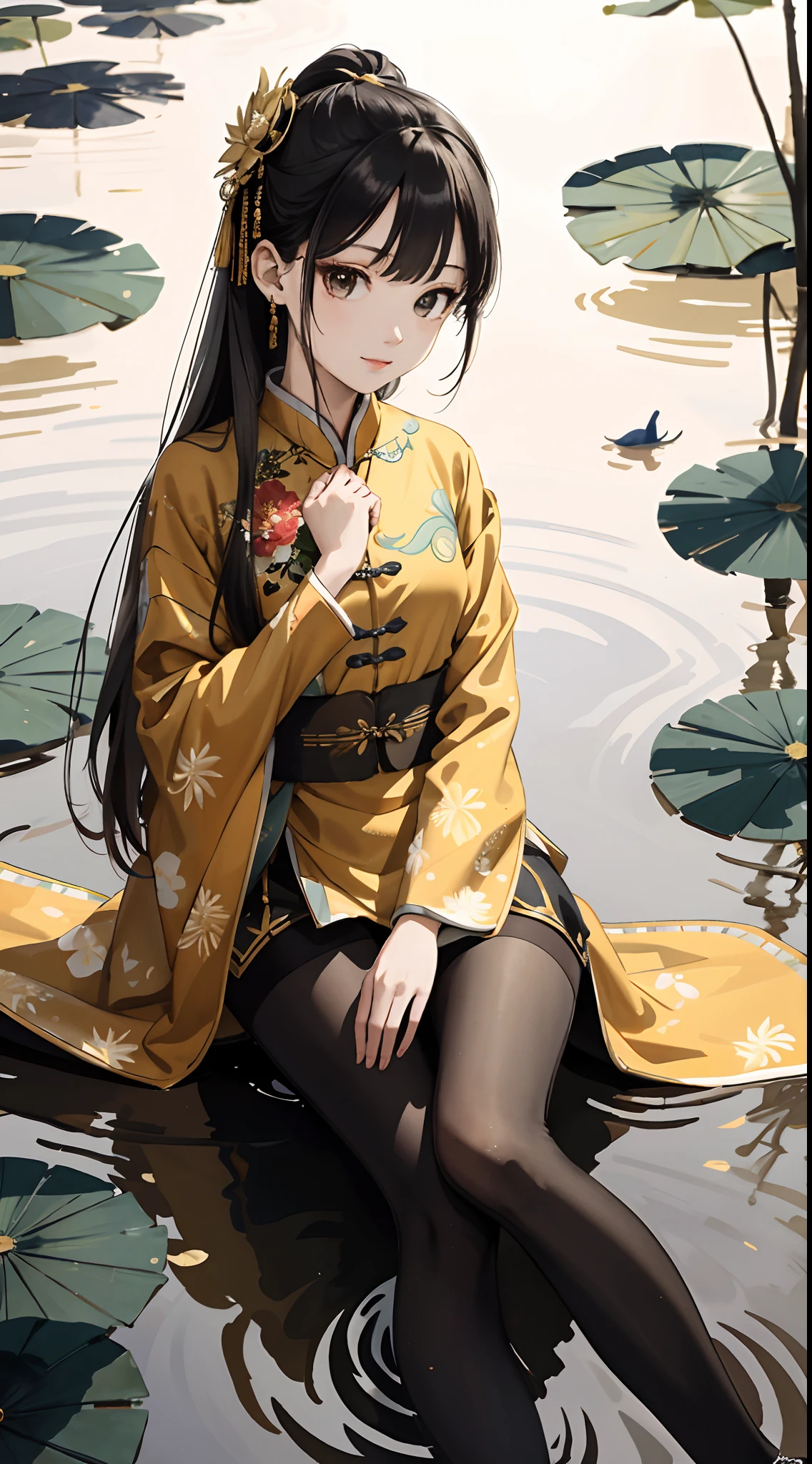hoang lap,8K high resolution,ultra - detailed,(1girll:1.3),handpainted,Simple lines,16-year-old girl wearing golden Chinese clothes and black pantyhose,beuaty girl,In the lotus pond,tmasterpiece,Sit on a plank floating in the water,Floating hair,looking toward the viewer,ssmile,posed for photo,Put your hands behind your head