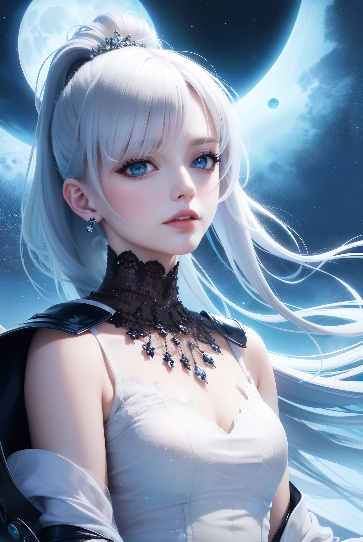 Masterpiece, (Best Quality: 1.2), (Super Fine: 1.2), Illustration, (Extremely Delicate and Beautiful: 1.2), Film Angle, Floating, (Beautiful Detail Eye: 1.1), (Detail Light: 1.1), Film Lights, Delicate Sky, Woman, White Hair, Blue Eyes, (High Ponytail: 1.1), Cloak, Glowing Eyes, (Moon: 1.2), (Moonlight: 1.1), Starry Sky, (Light Particles: 1.1), Fog , snow painting, sketching, blooming