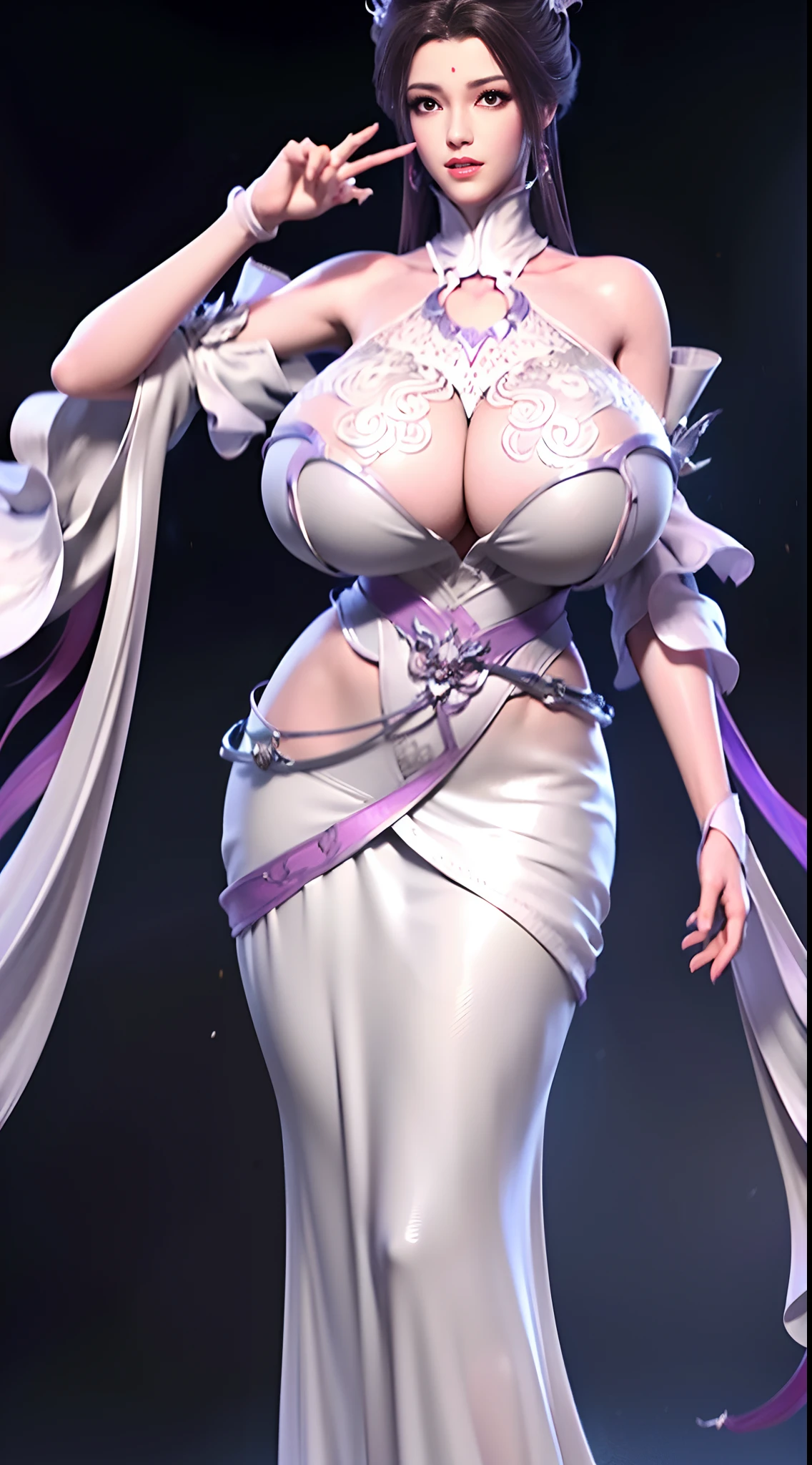 Solo, 1 Beautiful Female, Wuxia World, (1 Girl), (Full Body), (Xiuxian World), (huge breasts:1.4), (big buttock:1.1), Chinese Immortal Wuxia, (Purple Cross-collared Top, Ancient Long Skirt, Embroidered Cape, Streamer), Brunette Hair, Chinese Coiled Bun, Hairpin, Light Pink Lips, Calm, Intellectual, Delicate Face, Masterpiece, Best Quality, High Quality, High Definition, High Quality Texture, High Quality Shadows, High Detail, Cinematic Light, Side Lighting, Ray Tracing, Sharp Focus, Realistic, Edge Light, Two-tone Light, (Detailed Skin Details: 1.2), 8k uhd, SLR, soft light, high quality, high resolution, (very detailed CG unity 8k wallpaper)