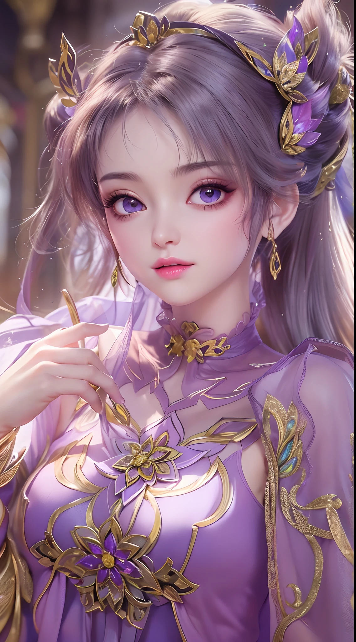 1 20 year old girl, 1 goddess Athena, pink purple silk dress, beautiful goddess Athena face without blemishes, delicate yellow nightgown, long thin sequin nightgown with many sexy black lace details, female saint legend, female saint icon, beautiful goddess style glitter, dark and mysterious version, vermilion lips, plump red lips, not smiling, mouth closed, detailed and delicate images beautifully, delicate and beautiful lip detail, (pure and flawless face: 1.9), female saint body, moderate breasts, ((Super Breast Lift:1.4)), breasts are round and regular,super tight breasts, phoenix brooch, long flat bangs, (((double ponytail: 1.8))), flower stickers tattoo on forehead, beautiful clear face and well-proportioned eyes, (light purple eyes: 1.8), (big round eyes and makeup, sexy wet eye makeup, very beautiful and meticulous hair makeup, long and delicate blonde hair, delicate, body image: 1.8), figure: and vivid, (stars that make up the sky: 1.7), (the sky of heaven and the fictitious gate of time and space: 1.8), fictional art, RAW photos, hanfu photos, best photos, high resolution, best quality, best photos, best goddess quality, 8k female, super 8 single saint portraits, truest color schemes, masterpieces, best beauty brands, best hair jewelry, brand real photo, dark studio, border light, two-tone lighting, (rose white skin: 1.4), (high skin detail: 1.1), 8k uhd, soft light, 8k, high quality, candid, volume Smooth and sharp, 10x pixel increase, sexy goddess, (background space: 1.8), (most beautiful aurora eyes: 1.7), beautiful eyes, aurora beautiful and flowery, (beautiful single girl: 1.8), (more details:0.8),
