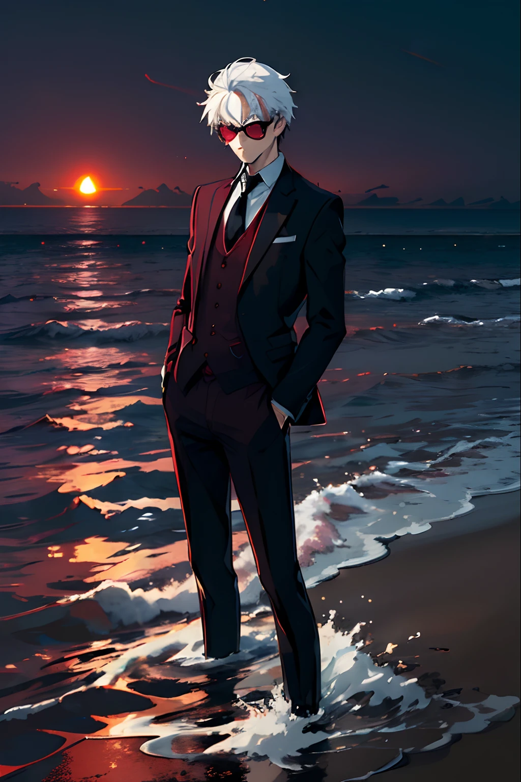 Dynamic pose, dynamic angle,from afar,((night)), beach, calm water without waves,boy at the water's edge,boy looking out to sea,arms outstretched towards the sea,messy spiky white hair, light blue eyes, purplish black suit, no tie, purplish black shirt, purplish black dress pants, rounded sunglasses,(dark red sphere on horizon:1.5),((motion trail in water by sphere)),