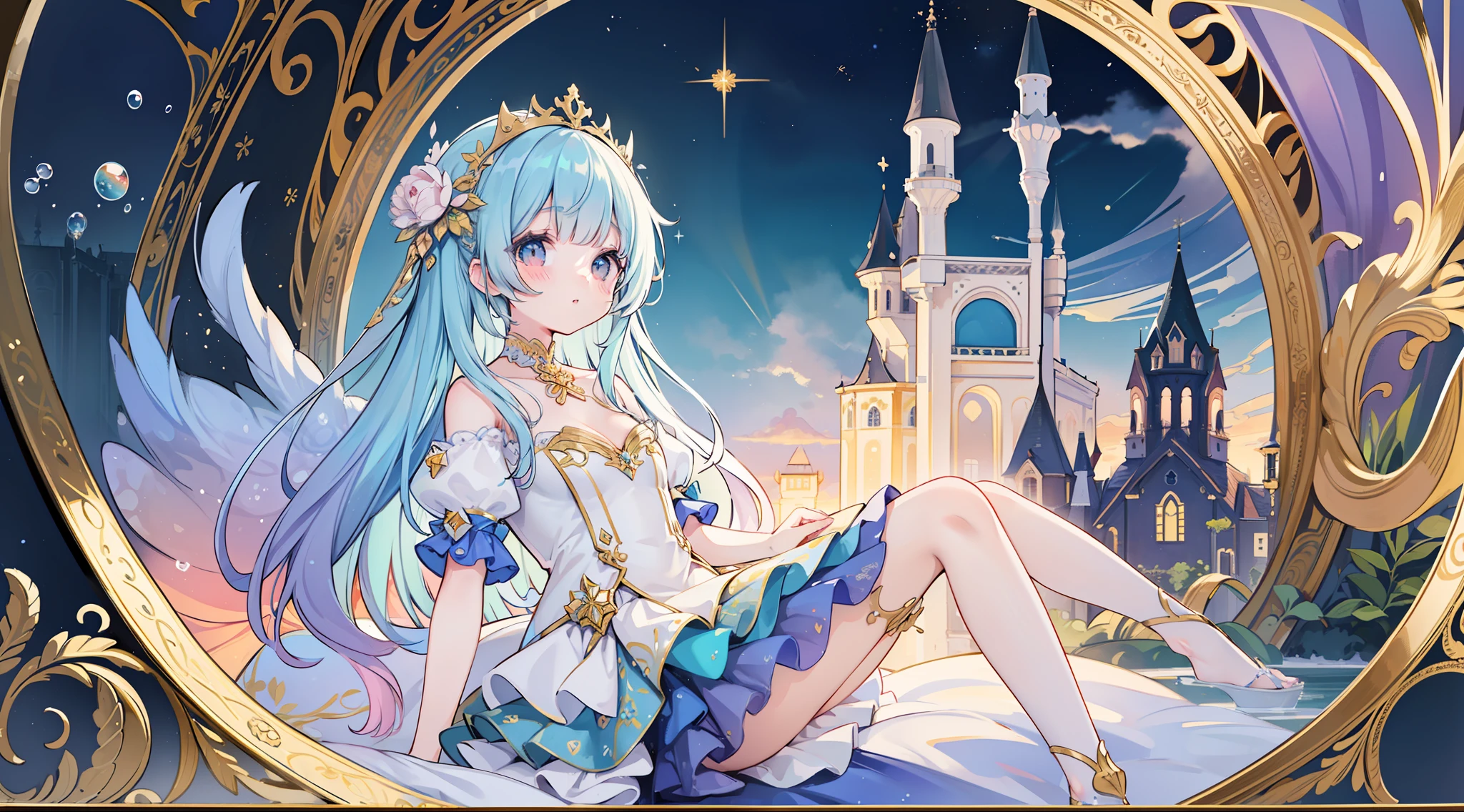 masterpiece, best quality, 8k resolution, sharp focus, intricate detail, beautiful girl, sparkling eyes, golden ratio face, otherworldly liquid, watercolor, ((pastel colors)), bright colors, whimsical, colorful, sharp focus, high resolution, fine detail, intricately detailed layered ballgown, ((round eyes)), iridescent bubbles, castle landscape in background
