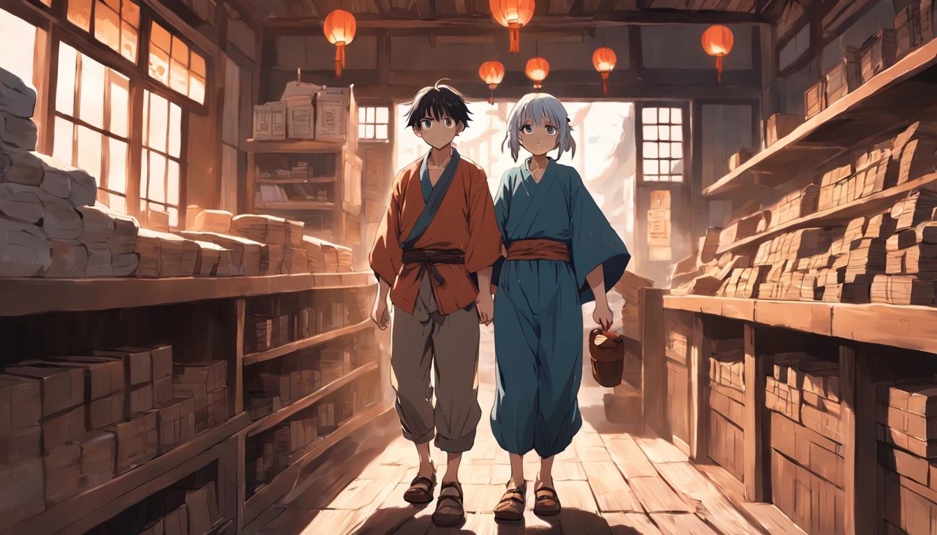 (old peasant craftsman and a peasant boy, adventurous, wearing shoes in a shop), anime style, book cover style,