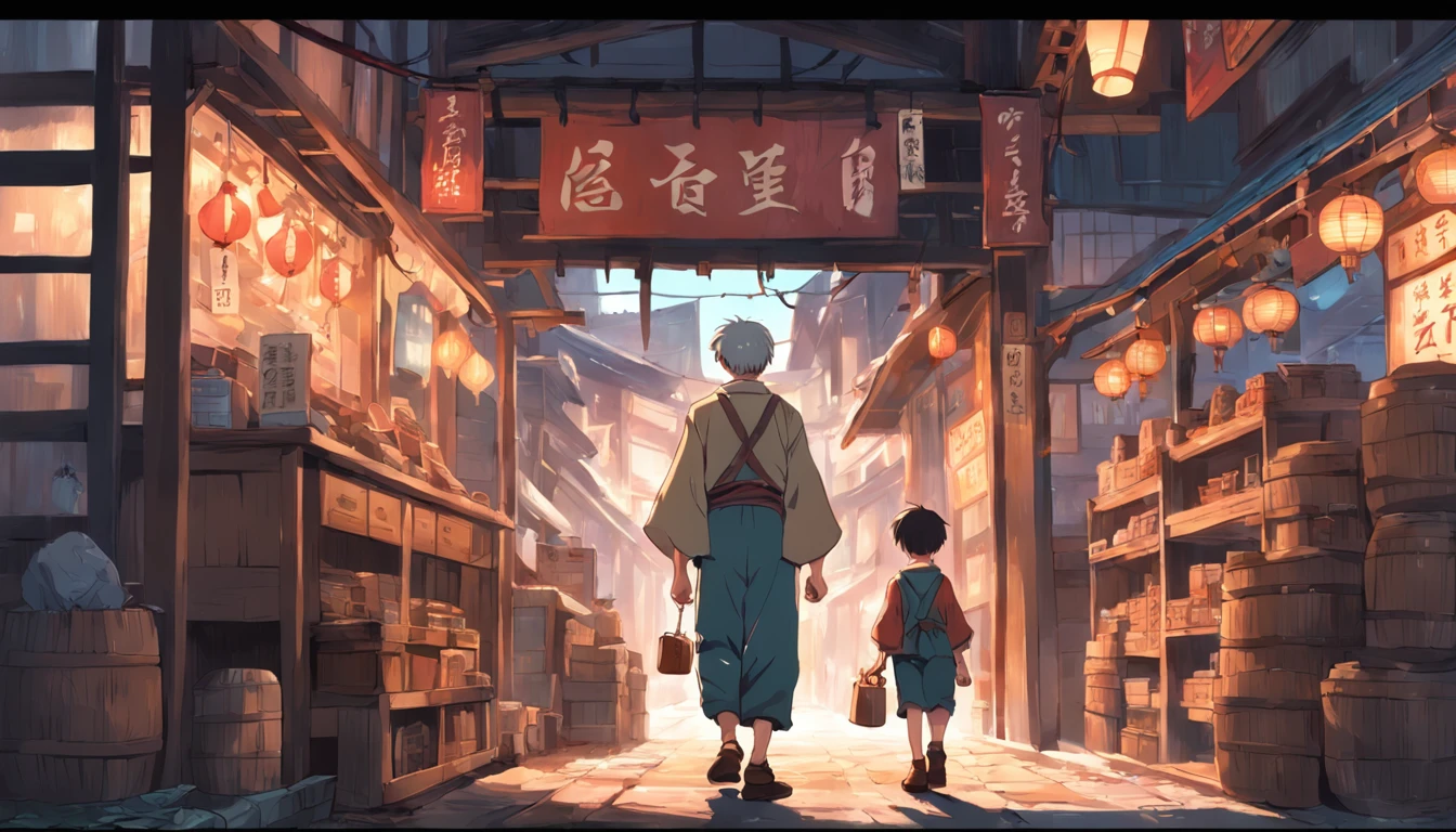 (old peasant craftsman and a peasant boy, adventurous, wearing shoes in a shop), anime style, book cover style,