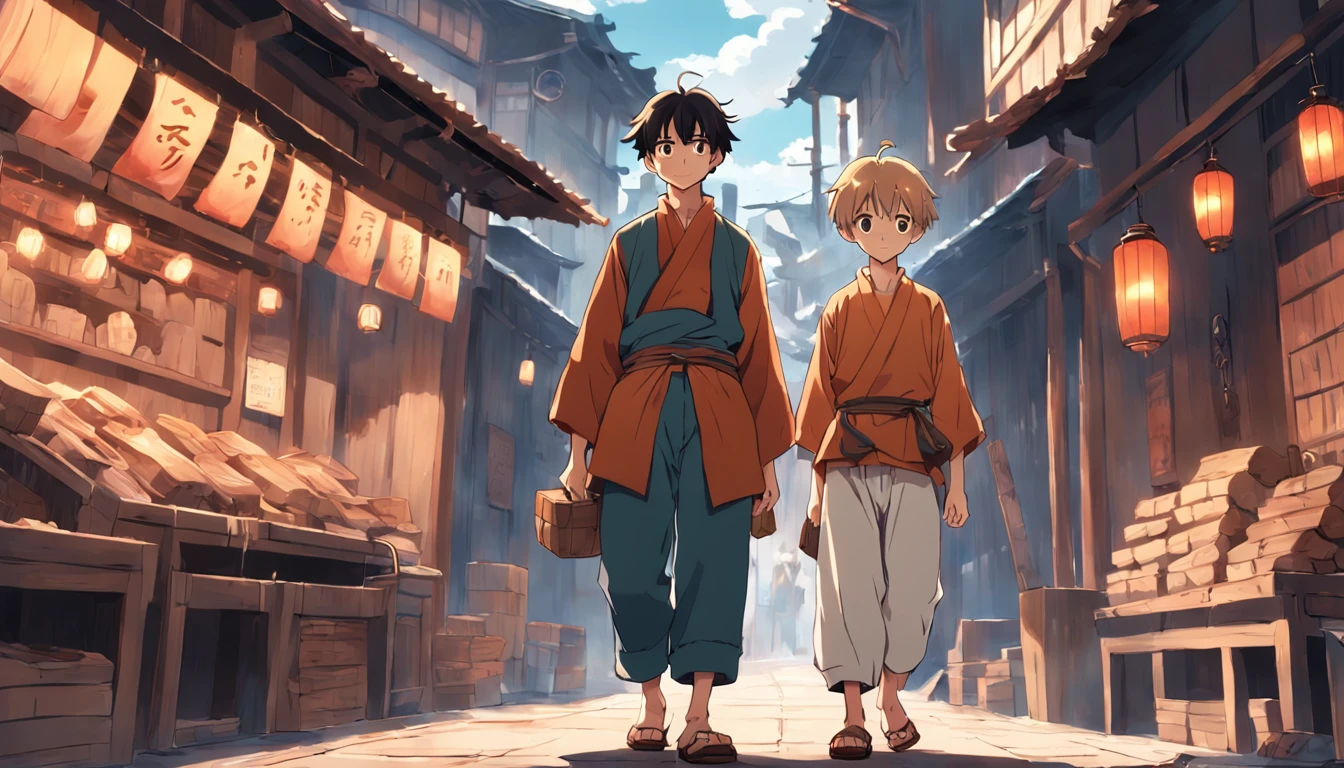 (old peasant craftsman and a peasant boy, adventurous, wearing shoes in a shop), anime style, book cover style,