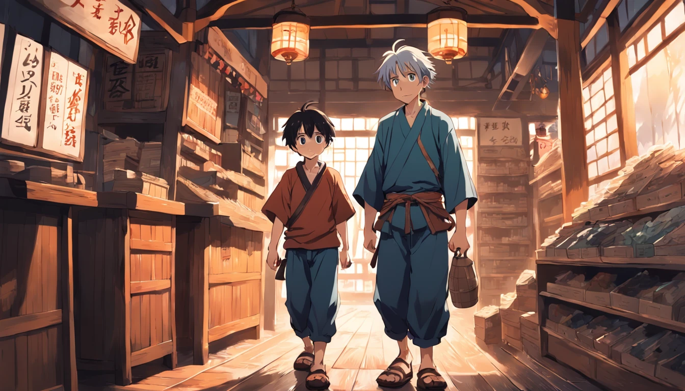 (old peasant craftsman and a peasant boy, adventurous, wearing shoes in a shop), anime style, book cover style,