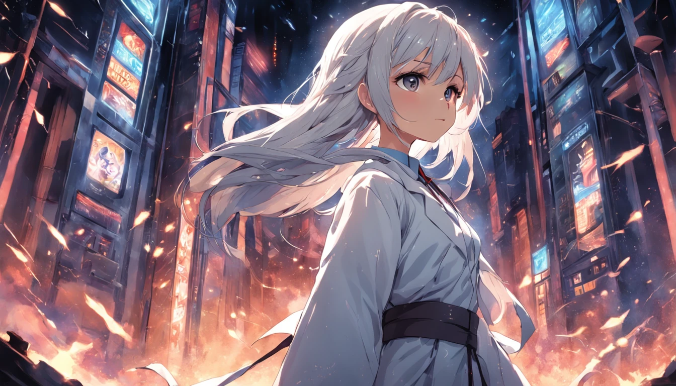 The boy with white hair,Thin and tall,A bandage is wrapped around the arm,Standing in the mountain of corpses