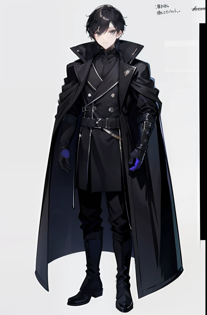 Full Game art design character sheet and Ink drawing line art about a boy wearing a long black coat, boots, mask