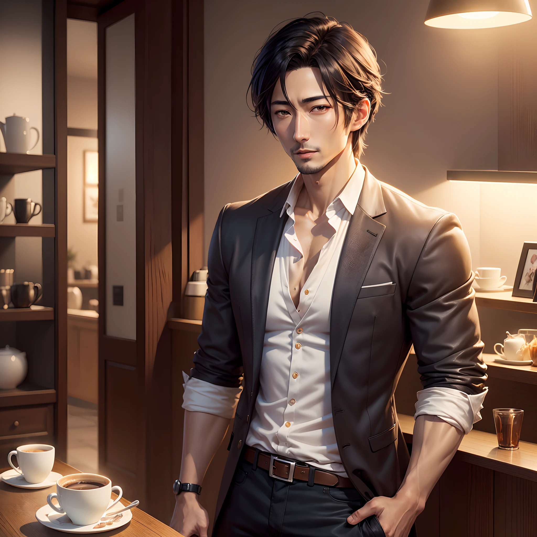 Morning coffee at a fashionable café, Dean Fujioka, Perfect solo, Realistic anime art style, Anime Realism Style, artwork in the style of guweiz, Handsome stunning realistic, Realistic art style, digital anime illustration, semi realistic anime, Anime portrait of a handsome man, Smooth Anime CG Art,4k