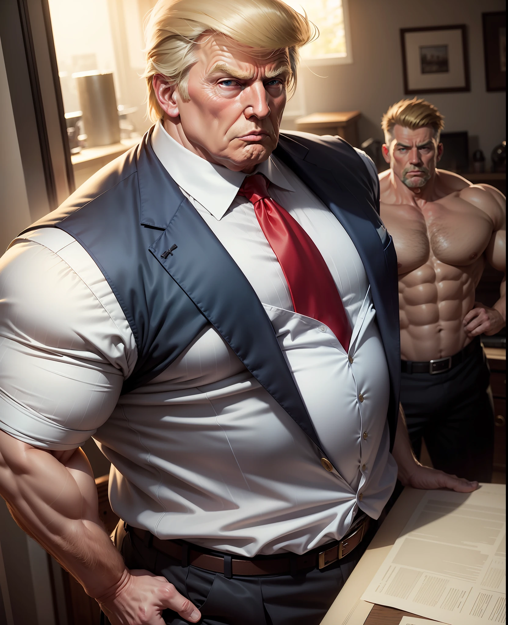 Realistic image of Donald Trump with big chest,Ultra-realistic quality,a old man,Big chest,wearing an outfit,muscle men ,Realiy