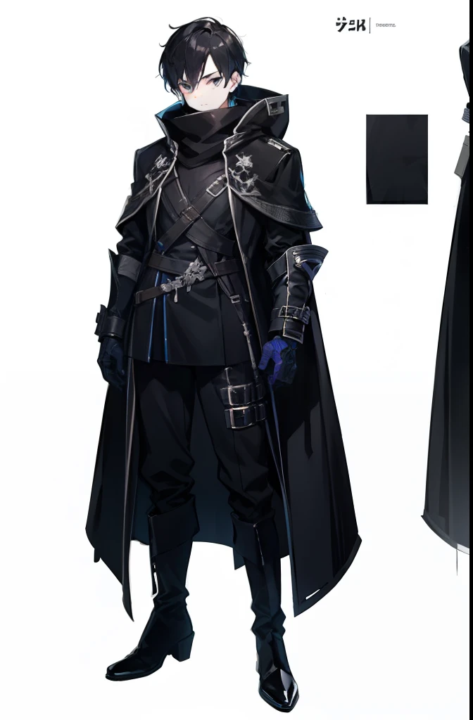 Full Game art design character sheet and Ink drawing line art about a boy wearing a long black coat, boots, mask