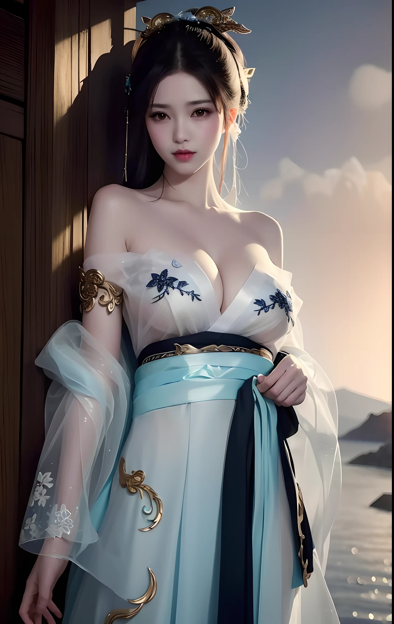 arafed asian woman in a blue and white dress posing for a picture, a beautiful fantasy empress, Palace ， A girl in Hanfu, Japanese goddess, gorgeous chinese models, ((a beautiful fantasy empress)), beautiful fantasy maiden, White Hanfu, beautiful teenage girl, beautiful and seductive anime woman, Ethereal beauty, Beautiful goddess, Chinese fantasy, Traditional beauty, Oriental fantasy
