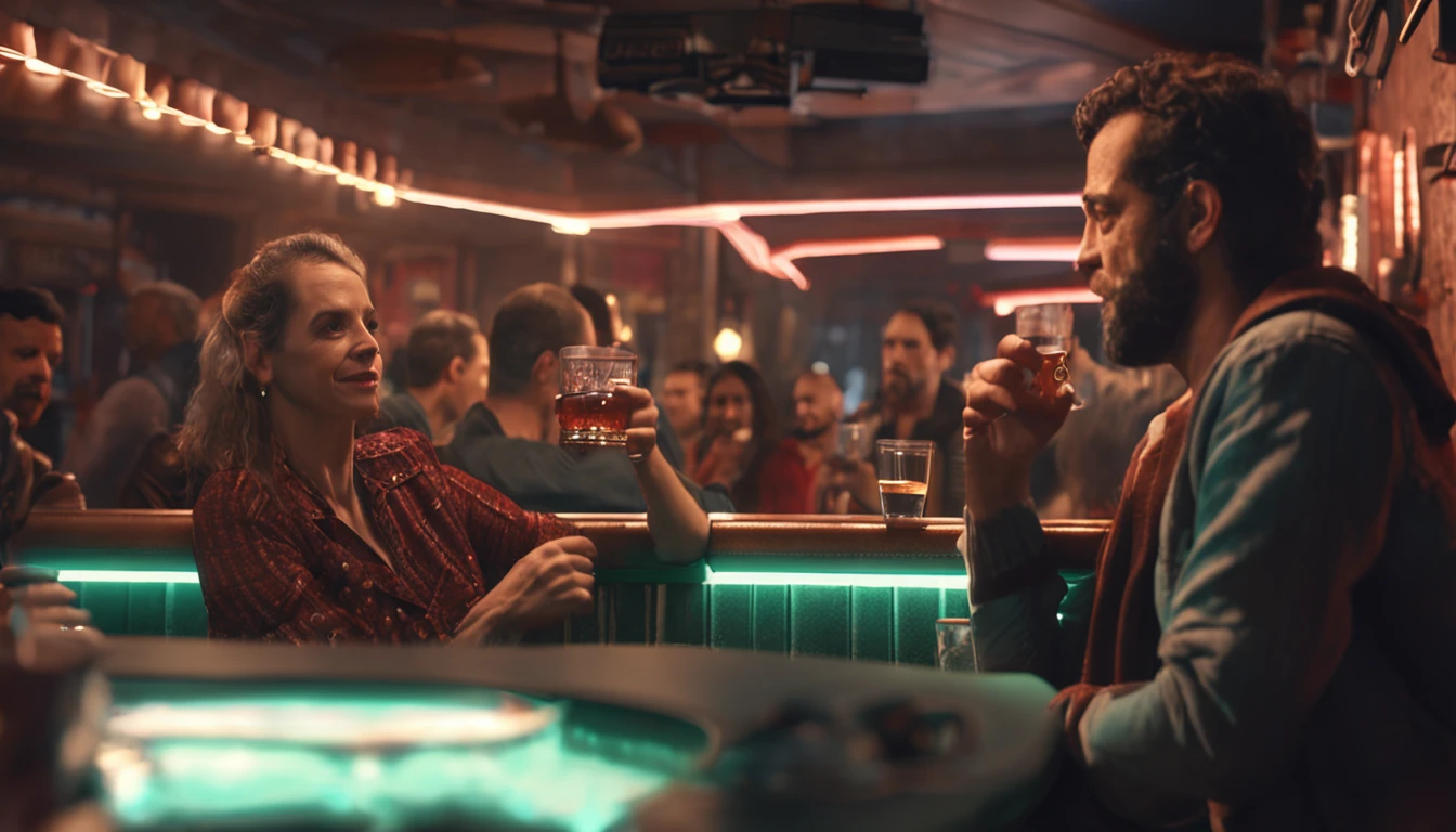 Pessoas conversando em um pub, Realistic, Fundo desfocado, 8K drive rendering, action shot, pintura digital, Dramatic, Cinematic lighting, Conceito-Arte, liso, foco nítido, poros da pele, datailed.