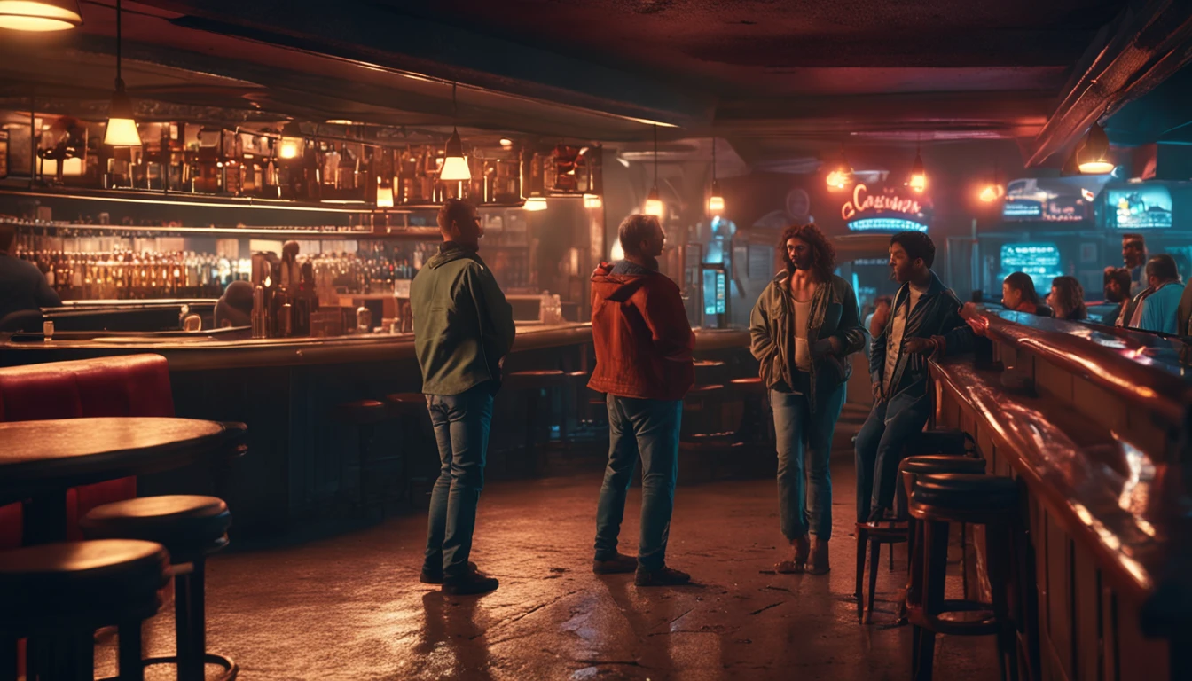 Pessoas conversando em um pub, Realistic, Fundo desfocado, 8K drive rendering, action shot, pintura digital, Dramatic, Cinematic lighting, Conceito-Arte, liso, foco nítido, poros da pele, datailed.