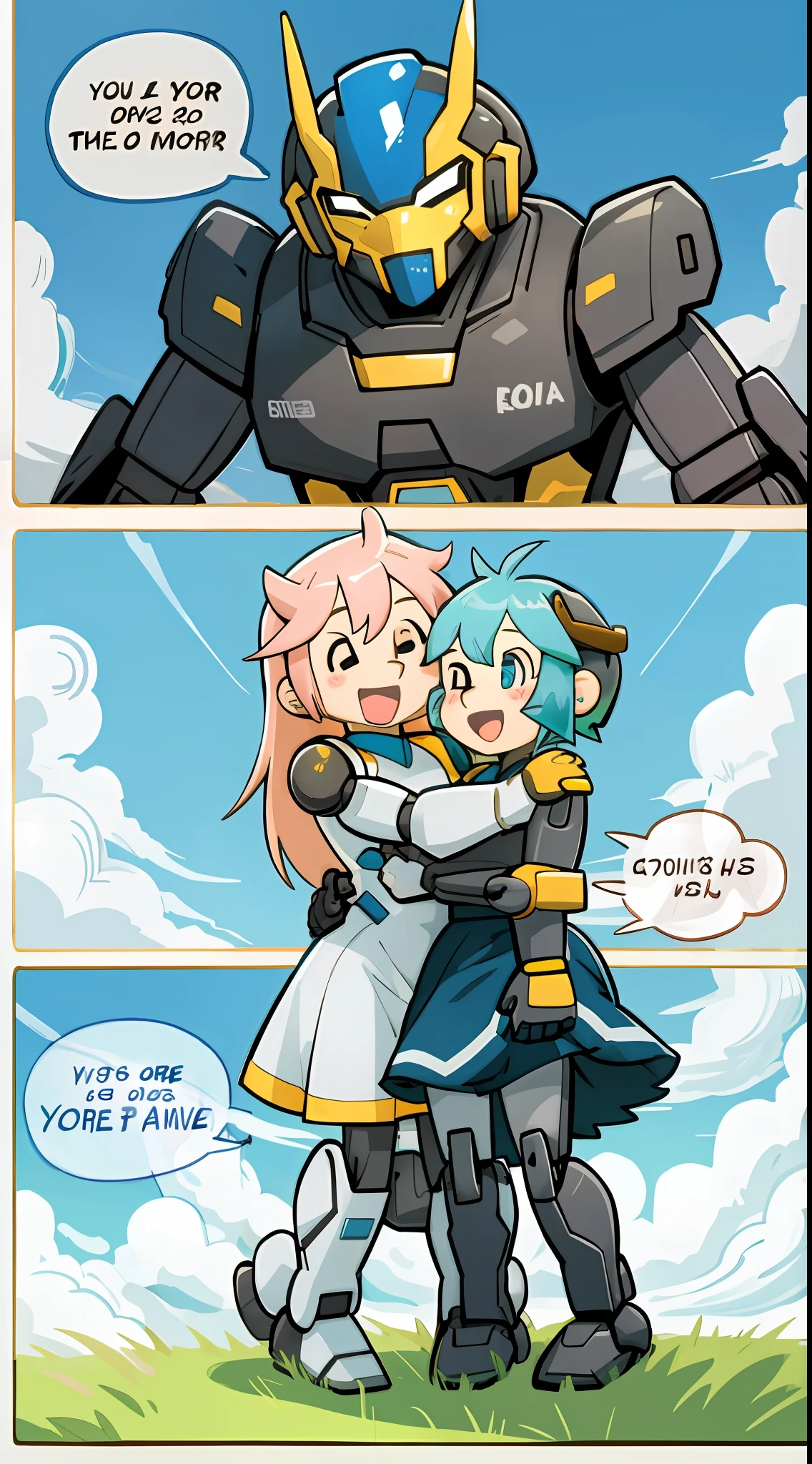 top quality, best quality, highres, masterpiece, super high resolution, detailed background, grass field, under refreshing blue sky, height difference, humanoid robot, smile, hugs girl((movie of a robot and human child girl))girl hugs robot, dress skirt, smile, open mouth, happy, joyful absurdres(highly detailed beautiful face and eyes)perfect ???????, good lighting, cinematic shadow, assorted expressions, assorted poses, assorted angles, full body, upper shot, dynamic angle(girls comic-like panel layouts, speech balloon, English text, Hand-drawn sound effects stickers used in girls comic),