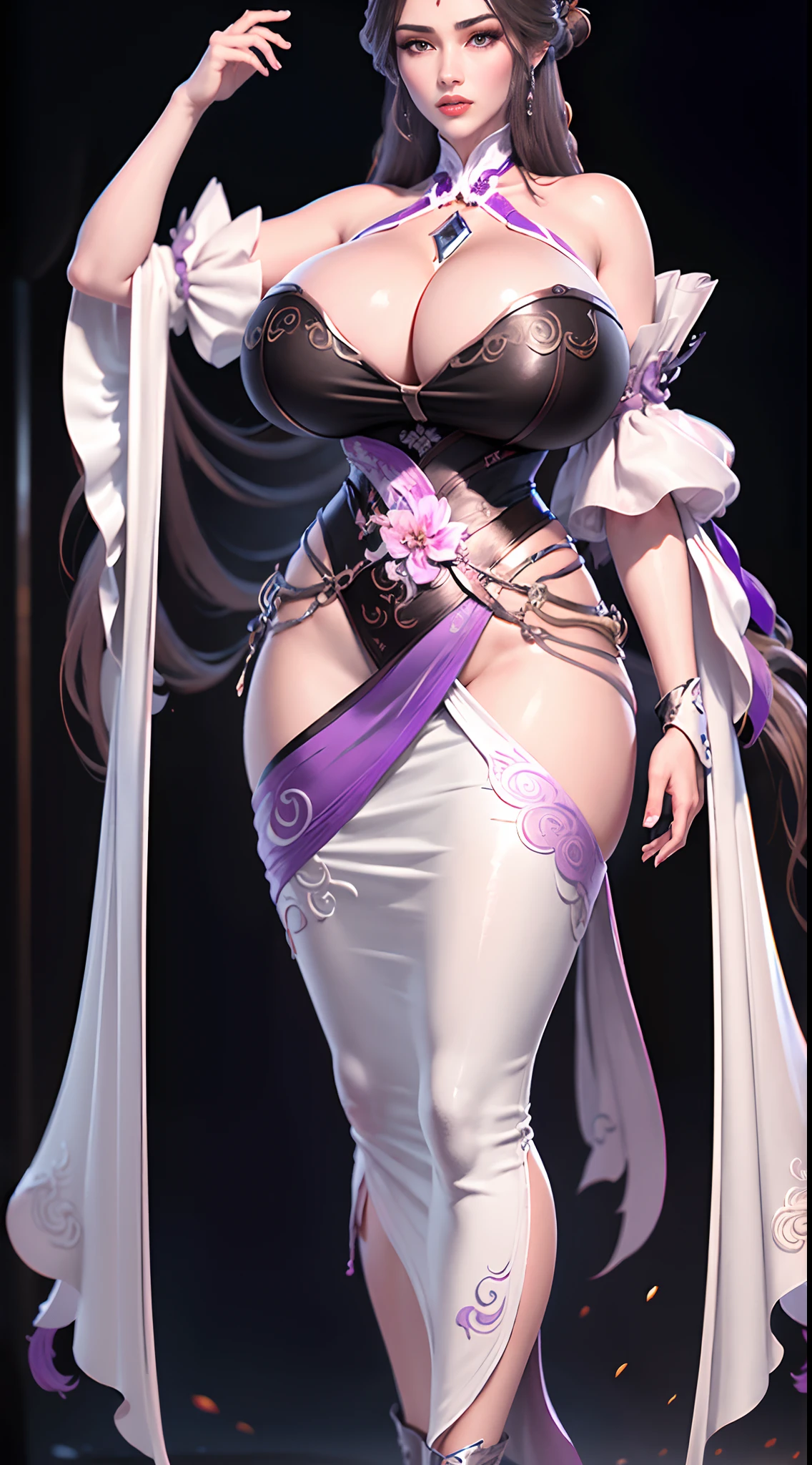 Solo, 1 Beautiful Female, Wuxia World, (1 Girl), (Full Body), (Xiuxian World), (huge breasts:1.4), (big buttock:1.1), Chinese Immortal Wuxia, (Purple Cross-collared Top, Ancient Long Skirt, Embroidered Cape, Streamer), Brunette Hair, Chinese Coiled Bun, Hairpin, Light Pink Lips, Calm, Intellectual, Delicate Face, Masterpiece, Best Quality, High Quality, High Definition, High Quality Texture, High Quality Shadows, High Detail, Cinematic Light, Side Lighting, Ray Tracing, Sharp Focus, Realistic, Edge Light, Two-tone Light, (Detailed Skin Details: 1.2), 8k uhd, SLR, soft light, high quality, high resolution, (very detailed CG unity 8k wallpaper)