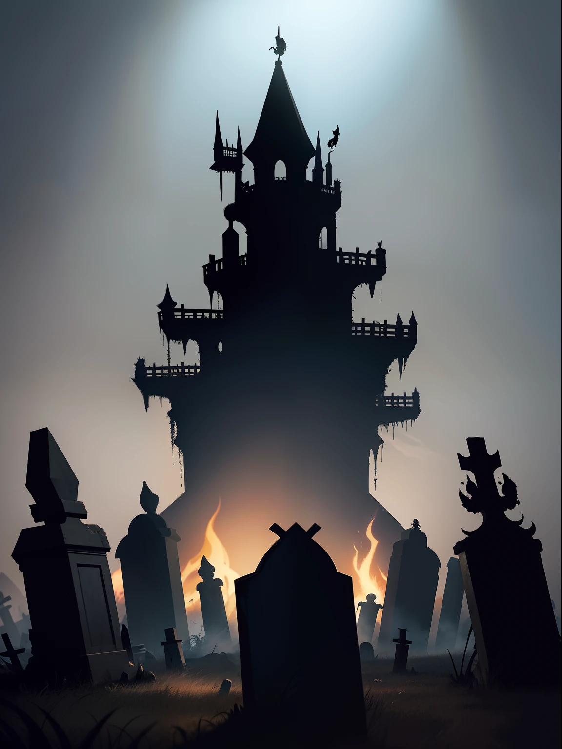 Dark castle style background,Dalí fantasy style,Demons descending from the air,Silhouette style,Hitchcock lens,The ground is full of dilapidated tombstones,Mysterious little creatures hidden in the barren grass。