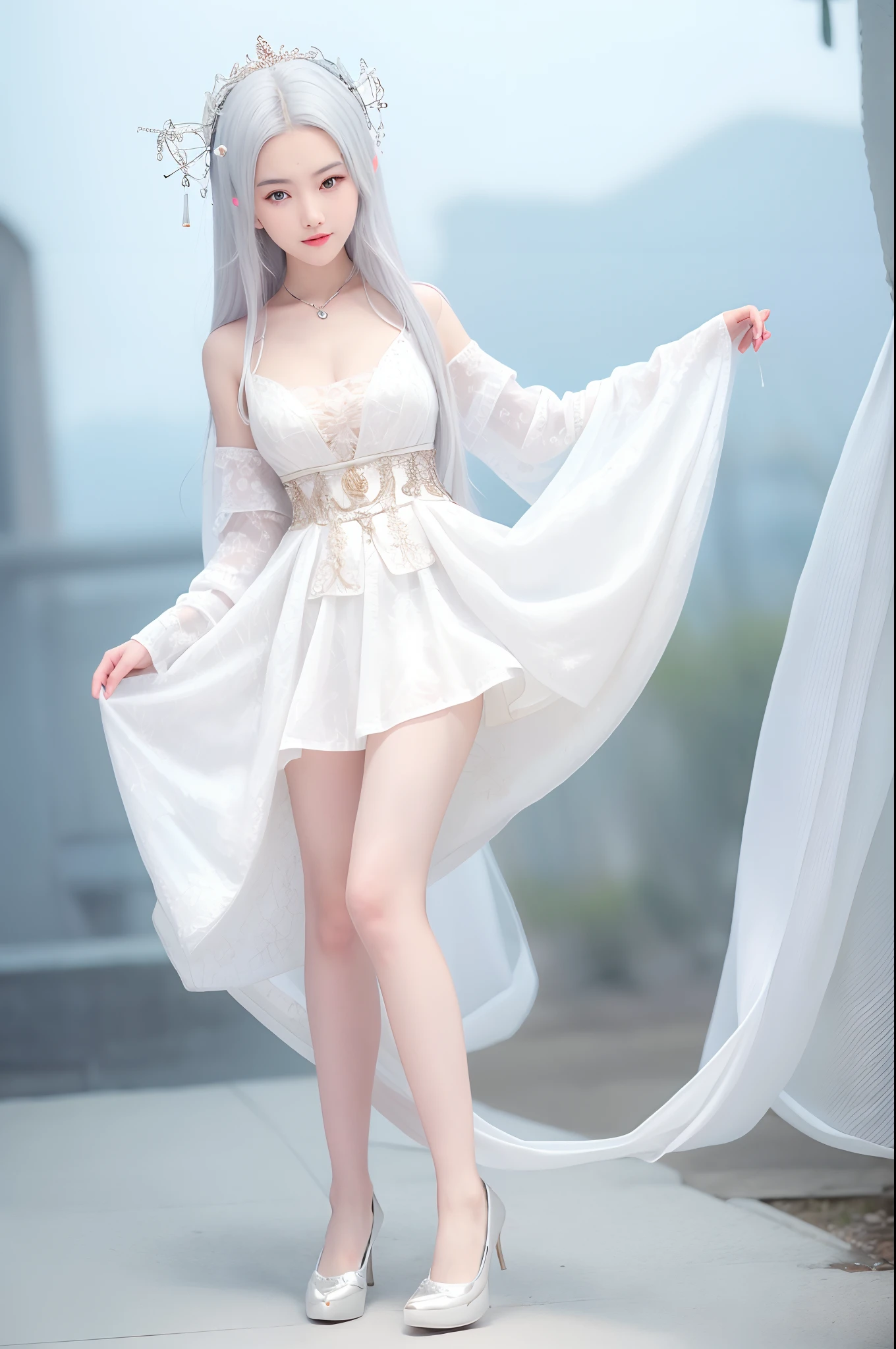 (Best Quality, High Resolution, Masterpiece: 1.3), A Tall and Beautiful Girl, A Loli, Slender Legs, Stand Position, Posing, Small White Shoes, Slender Abs, Silver-White Hair in Loose Wave Styling, Full Body, Ultra Wide Angle, Wrist Ornament, Breasts, Wearing Pendants,, Smile, Glamorous,(Black Maid Outfit), (Modern Architecture in the Background), Fair Skin, Beautifully Presented Details in Face and Skin Texture, Detailed Eyes, Double Eyelids
