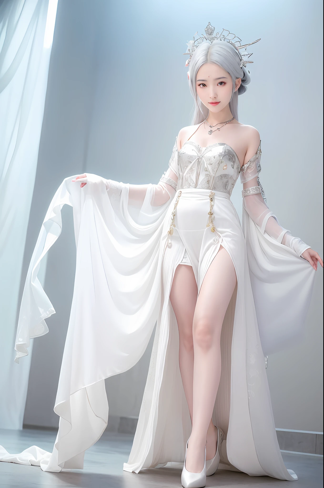 (Best Quality, High Resolution, Masterpiece: 1.3), A Tall and Beautiful Girl, A Loli, Slender Legs, Stand Position, Posing, Small White Shoes, Slender Abs, Silver-White Hair in Loose Wave Styling, Full Body, Ultra Wide Angle, Wrist Ornament, Breasts, Wearing Pendants,, Smile, Glamorous,(Black Maid Outfit), (Modern Architecture in the Background), Fair Skin, Beautifully Presented Details in Face and Skin Texture, Detailed Eyes, Double Eyelids