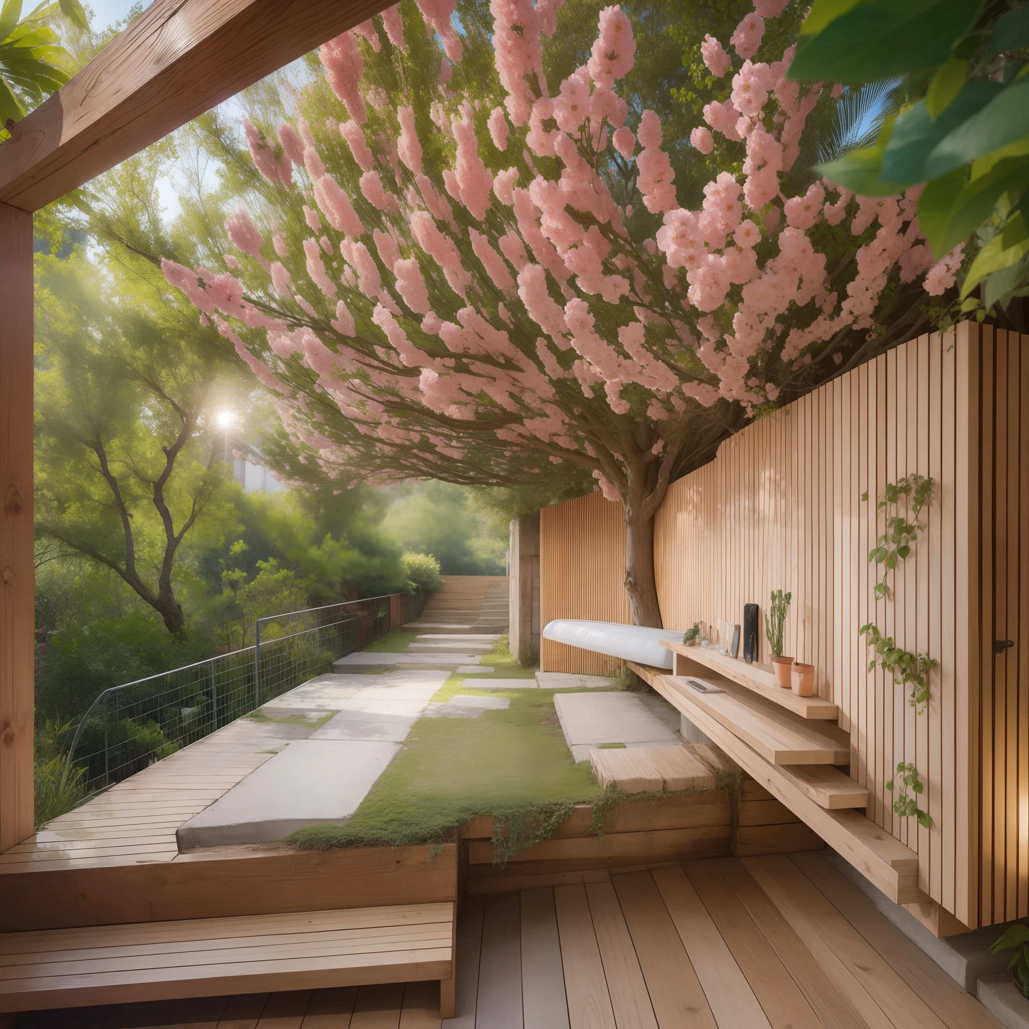 habitacion amplia en madera con entrada de luz solar por todas partes, con tubos de ensayo de quimica de muchos colores, rodeada de un rio y de arboles de cerezo muchos arboles de cerezo, arboles rosados, neon, flor de cerezo, muchas flores de cereso
