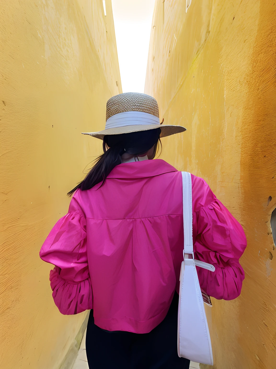 araffe woman in a pink jacket and hat walking down a narrow alley, wearing a travel hat, the walls are pink, clothed in ancient street wear, pink and yellow, with straw hat, she is wearing a hat, wearing huge straw hat, wearing wide sunhat, wearing straw hat, shot on leica sl2, woman with hat, vibrant aesthetic