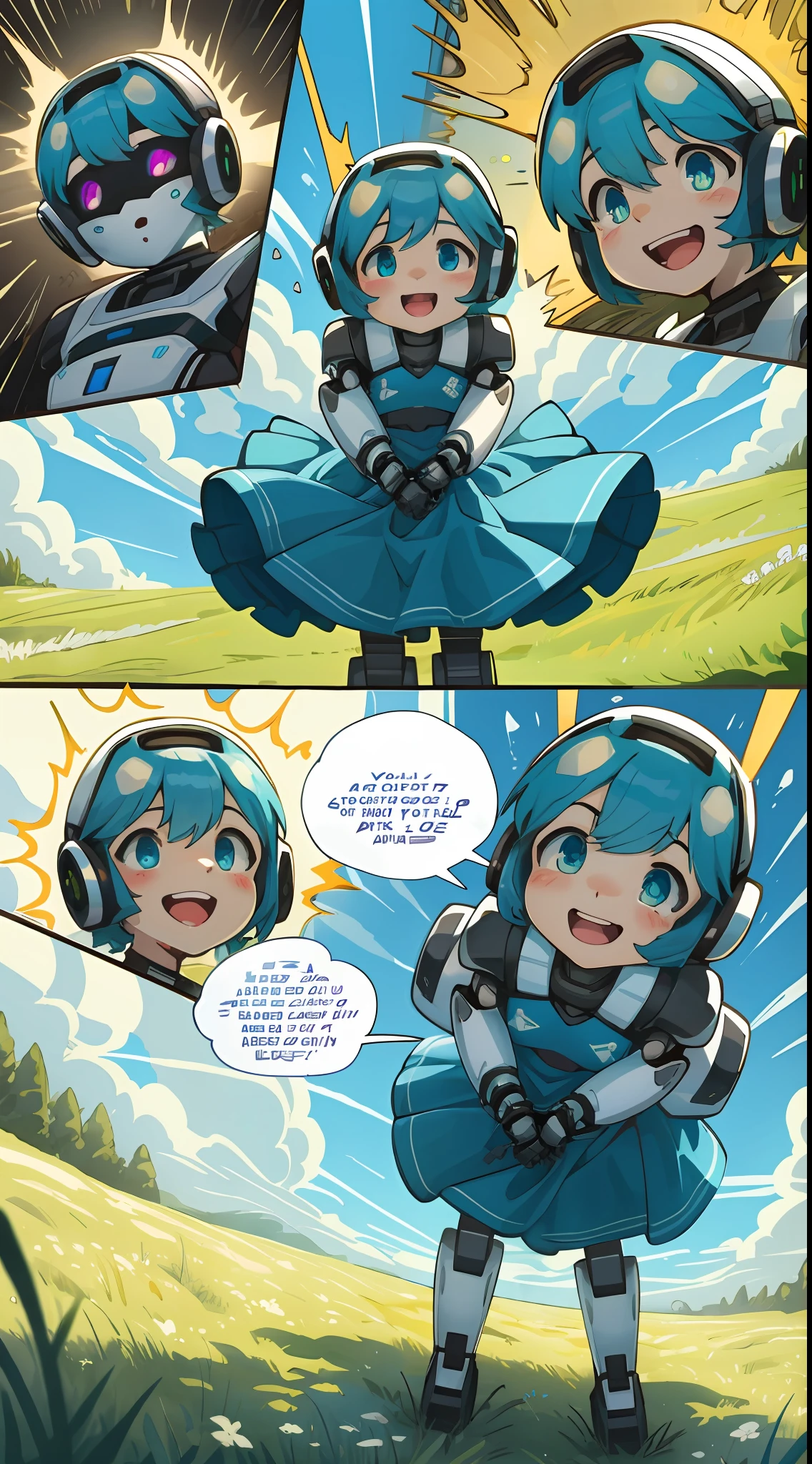 top quality, best quality, highres, masterpiece, super high resolution, detailed background, grass field, under refreshing blue sky, height difference, large humanoid robot, smile, hugs girl((movie of a robot and human  girl))girl hugs robot, dress skirt, smile, open mouth, happy, joyful absurdres(highly detailed beautiful face and eyes)perfect anatomy, good lighting, cinematic shadow, assorted expressions, assorted poses, assorted angles, full body, upper shot, dynamic angle(girls comic-like panel layouts, speech balloon, English text, Hand-drawn sound effects stickers used in girls comic),