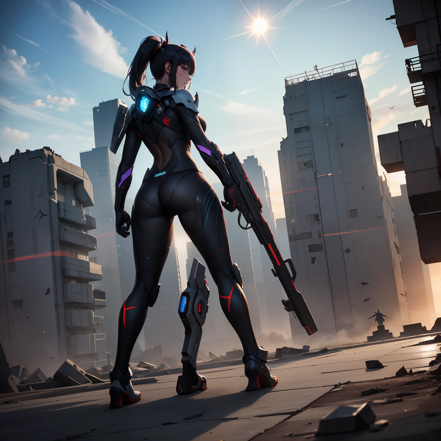 ((best quality)), ((master part)), (Very detailed: 1.3), ..3d, Icaru valkirie-mecha, Beautiful cyberpunk woman wearing crown with her red and blue mecha in ruins of a forgotten war city, longos cabelos ruivos, sci-fi technology, HDR (high dynamic range), ray tracing, NVIDIA RTX, super resolution, irreal 5, Subsurface scattering, Textura PBR, Post-processing, anisotropic filtering, profundidade de campo, Maximum Sharpness and Sharpness, Textura Multicamadas, Mapeamento especular e albedo, surface shading, statue of a perfect woman, seios grandes, olhos verdes claros, salto alto rosa, open sky with sun, sorridente, bunda grande, Standing on his back looking back, Mostrar mais bunda, hands on ass, sardas no rosto, sardas na bunda