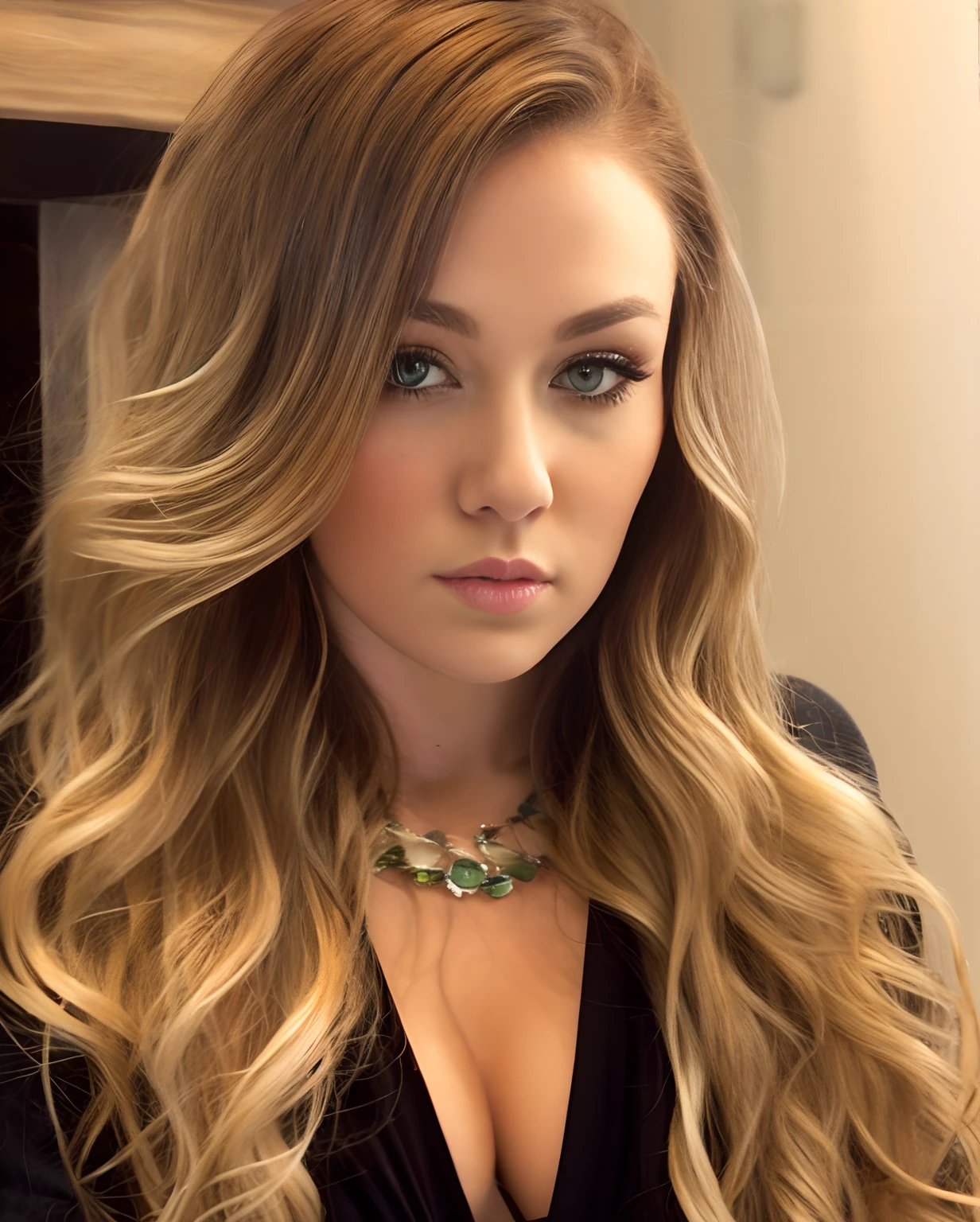 a woman with blonde hair and a black top is posing for a picture, long blonde hair and large eyes, blonde hair and large eyes, headshot profile picture, brunette with dyed blonde hair, professional picture, long wavy blonde hair, kailee mandel, close up of a blonde woman, inspired by Gina Pellón, long blonde hair and big green eyes