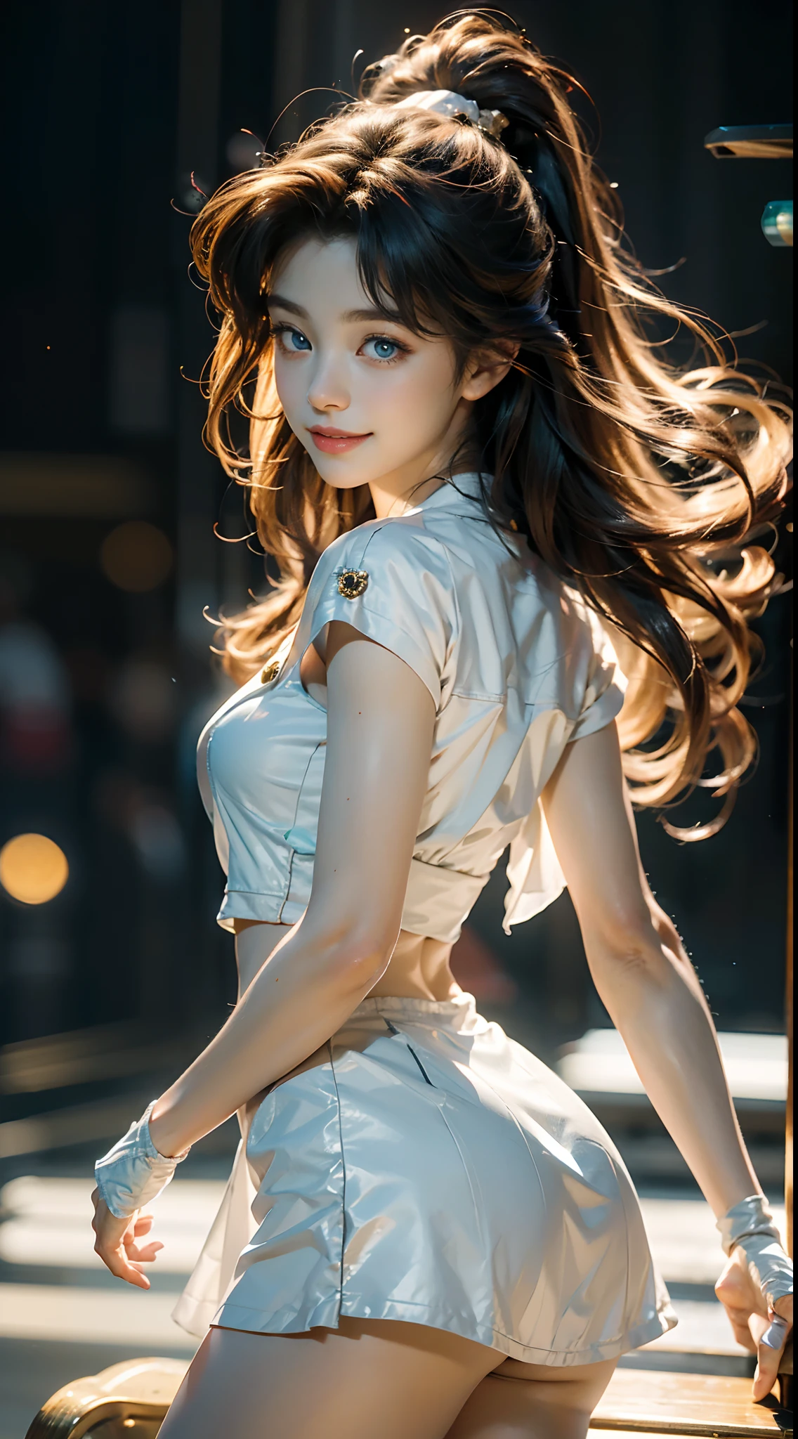 (Extreme detail CG Unity 8K wallpaper, masterpiece, highest quality), (exquisite lighting and shadow, highly dramatic picture, cinematic lens effect), (Sailor Moon: 1.1), charming smile, double tail, blue eyes, blond hair, tight top, white gloves, mini skirt, dynamic pose), the background is the universe (excellent detail, excellent lighting, wide angle), (excellent rendering, enough to stand out in its class),