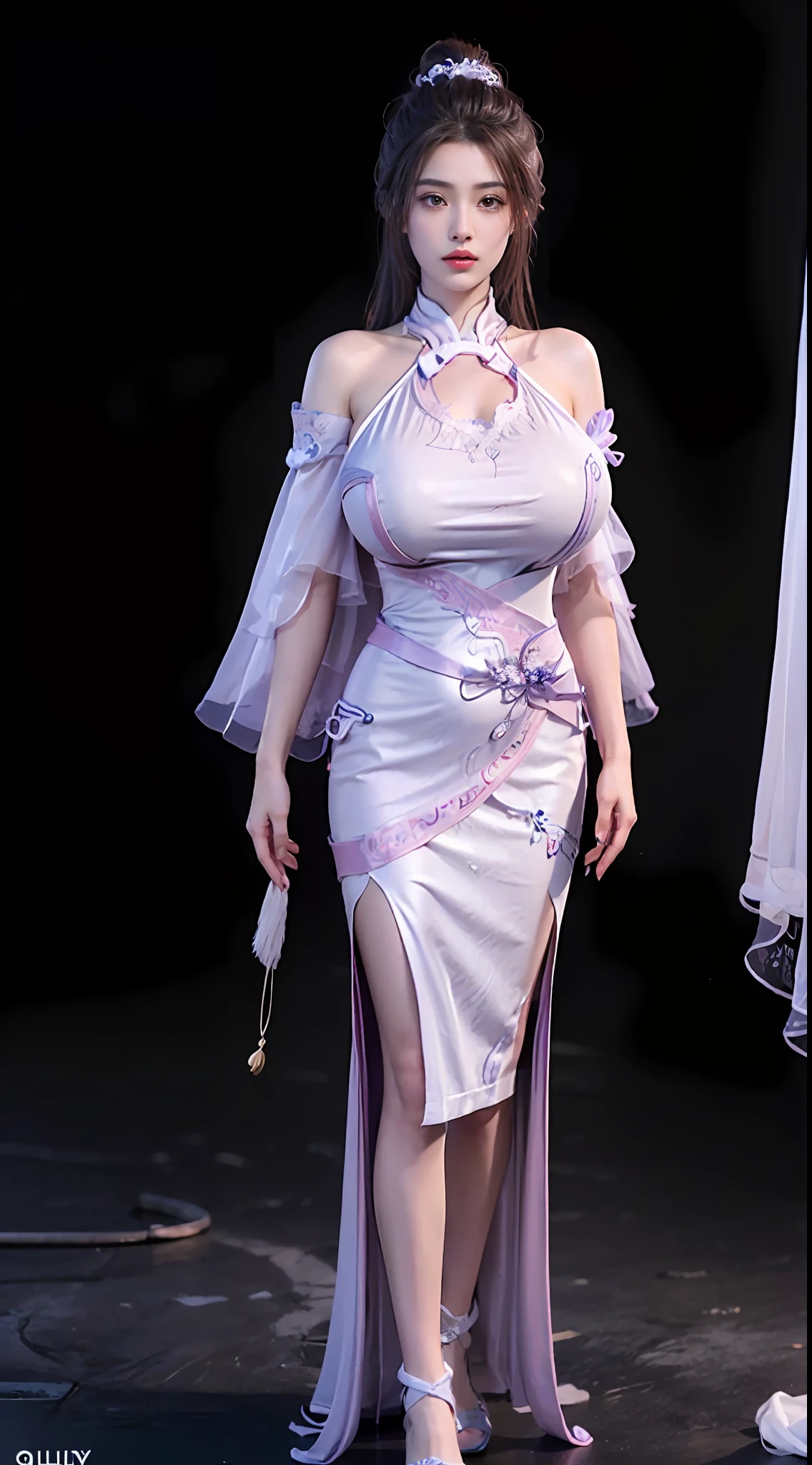 Solo, 1 Beautiful Female, Wuxia World, (1 Girl), (Full Body:1.2), (Xiuxian World), (huge breasts:1.4), (big buttock:1.1), Chinese Immortal Wuxia, (Purple Cross-collared Top, Ancient Long Skirt, Embroidered Cape, Streamer), Brunette Hair, Chinese Coiled Bun, Hairpin, Light Pink Lips, Calm, Intellectual, Delicate Face, Masterpiece, Best Quality, High Quality, High Definition, High Quality Texture, High Quality Shadows, High Detail, Cinematic Light, Side Lighting, Ray Tracing, Sharp Focus, Realistic, Edge Light, Two-tone Light, (Detailed Skin Details: 1.2), 8k uhd, SLR, soft light, high quality, high resolution, (very detailed CG unity 8k wallpaper)
