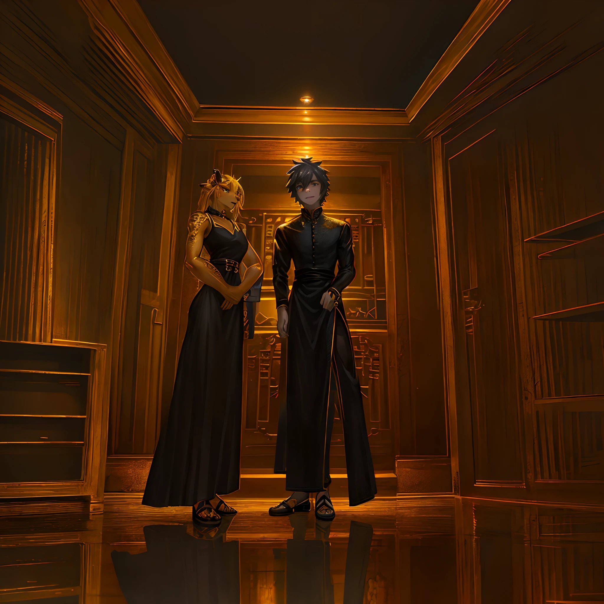 Humanoid golden mechanical dragon，wearing a black dress，sandals，Standing on the tiled floor of the apartment。high-definition image，Rich and realistic in detail，high qulity。Extremely detailed CG