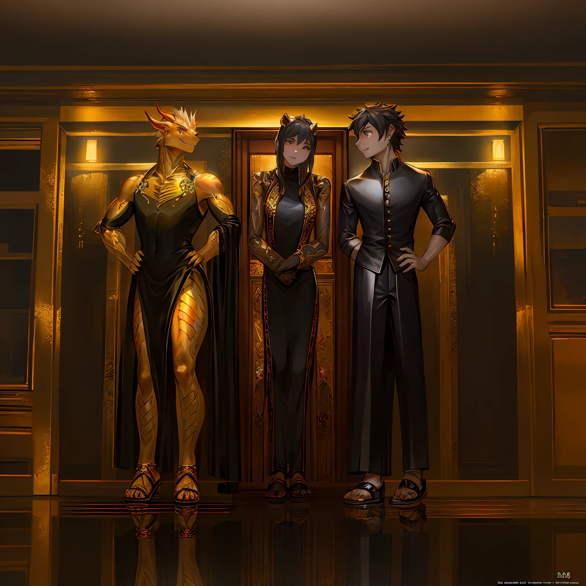 Humanoid golden mechanical dragon,wearing a black dress,sandals,Standing on the tiled floor of the apartment。high-definition image,Rich and realistic in detail,high qulity。Extremely detailed CG
