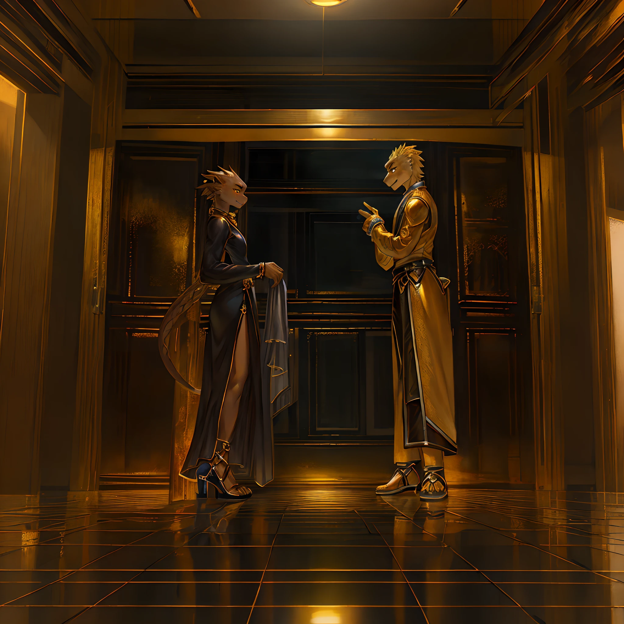 Humanoid golden mechanical dragon,wearing a black dress,sandals,Standing on the tiled floor of the apartment。high-definition image,Rich and realistic in detail,high qulity。Extremely detailed CG