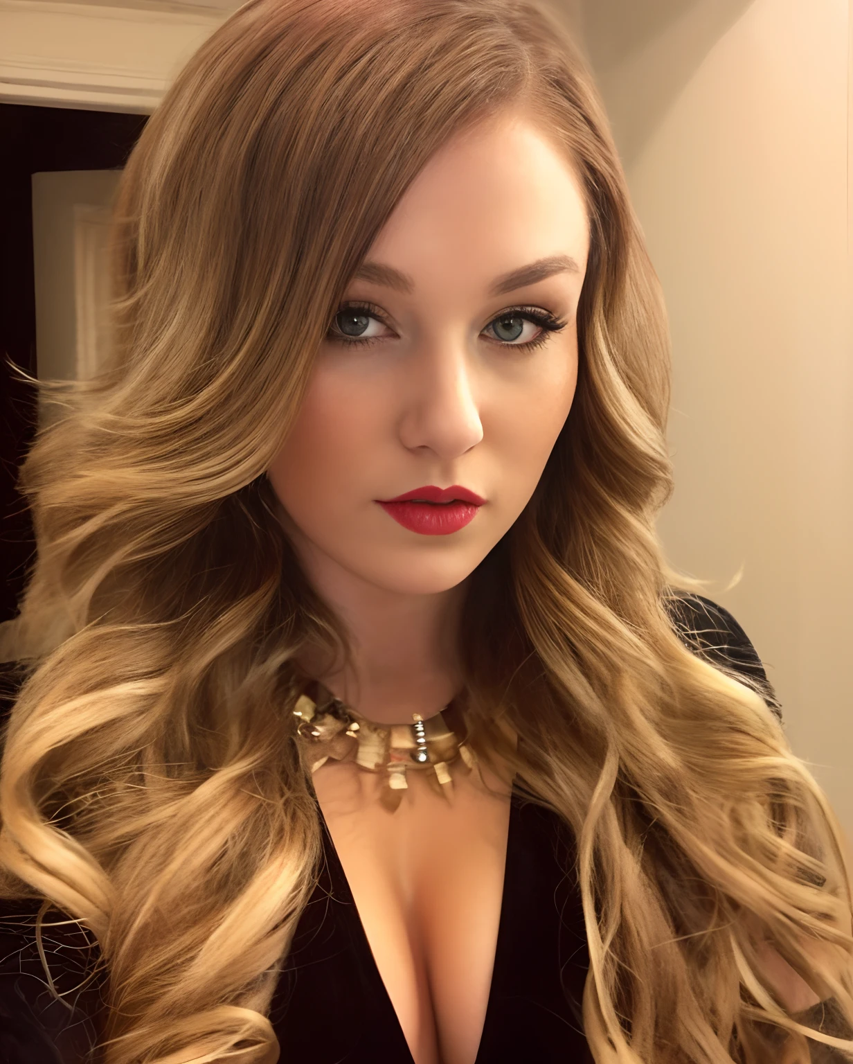 arafed woman with long blonde hair and a black dress, thick red lips, brunette with dyed blonde hair, portrait of maci holloway, kaitlyn michelle siragusa, leaked image, by Matt Cavotta, long wavy blonde hair, devon cady-lee, big red lips, sexy girl with long blonde hair, dark blonde long hair, cleavage